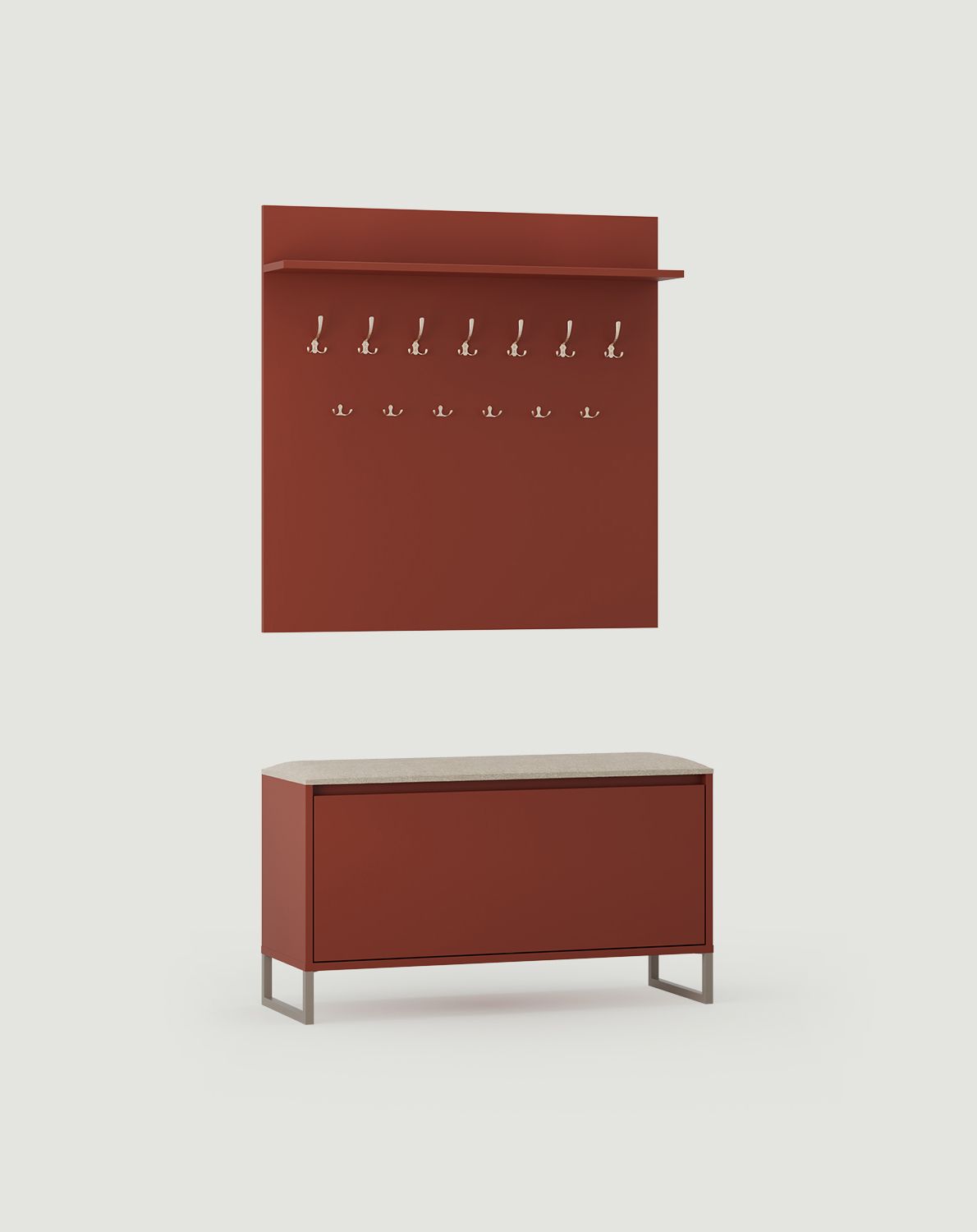 Cuier mare W6 + dulap pentru pantofi SBD2
Culoare: Fiery Terracotta
Scaun: Terra 02
Culoarea picioarelor: ODIS Steel Grey Beige
Tip cârlig: SW01/03 Satin
                            