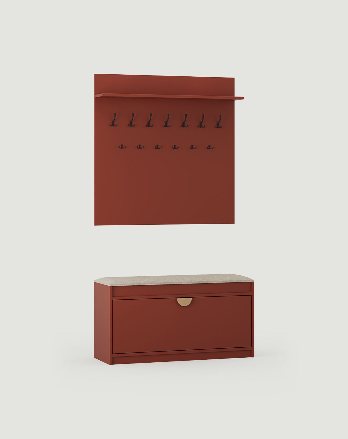 Agățător mare W6 + Dulap pentru pantofi SBS1
Culoare: Teracotă aprinsă
Scaun: Terra 02
Mâner: RIND Mâner din lemn de stejar
Tip de cârlig: CZW01/03 Negru
                            