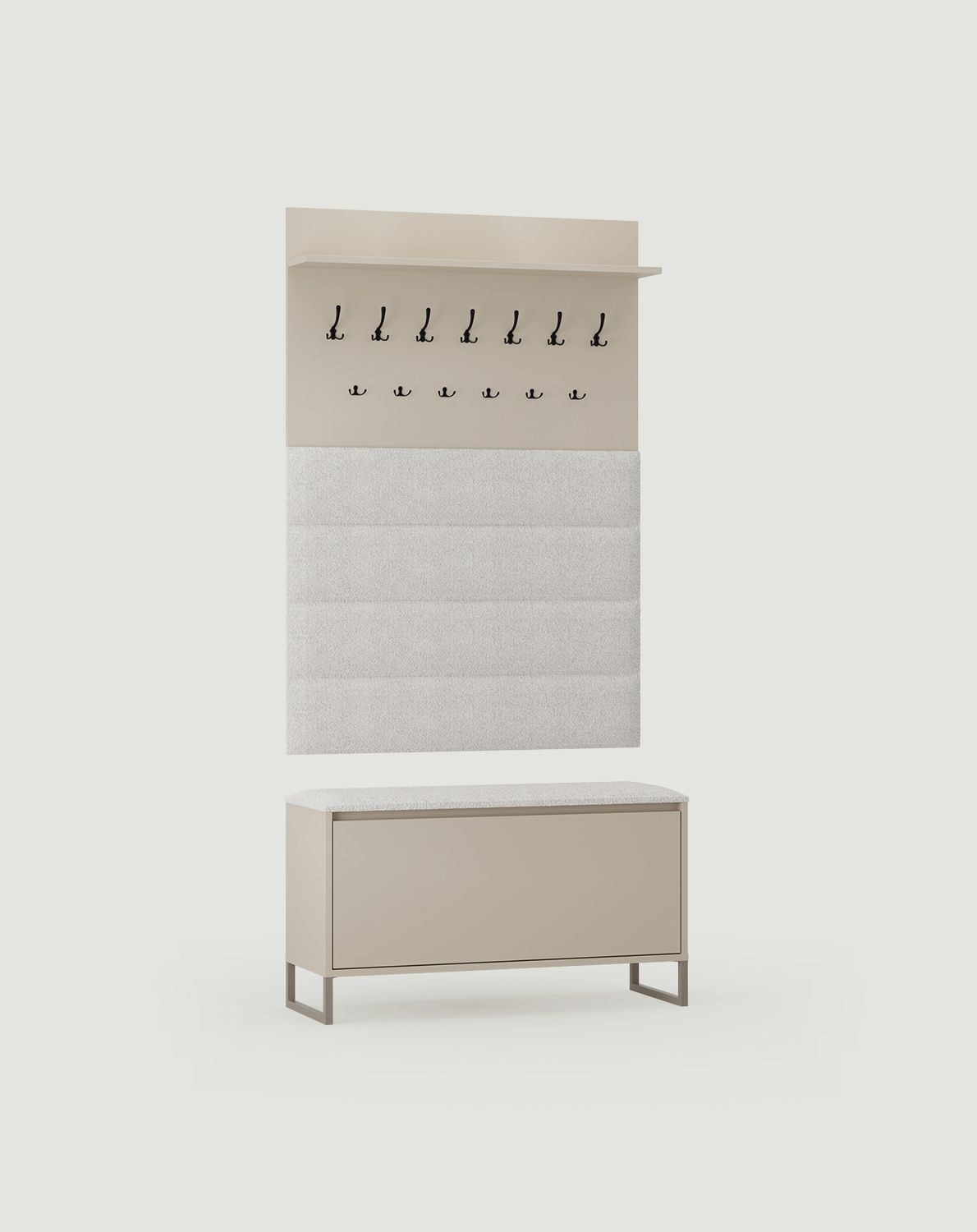 Cuier mare cu panouri W5P + dulap pentru pantofi SBD2
Culoare: Champagne Beige
Scaun: Moss 02
Culoare picior: Oțel ODIS Bej gri
Tip cârlig: CZW01/03 Negru
                            