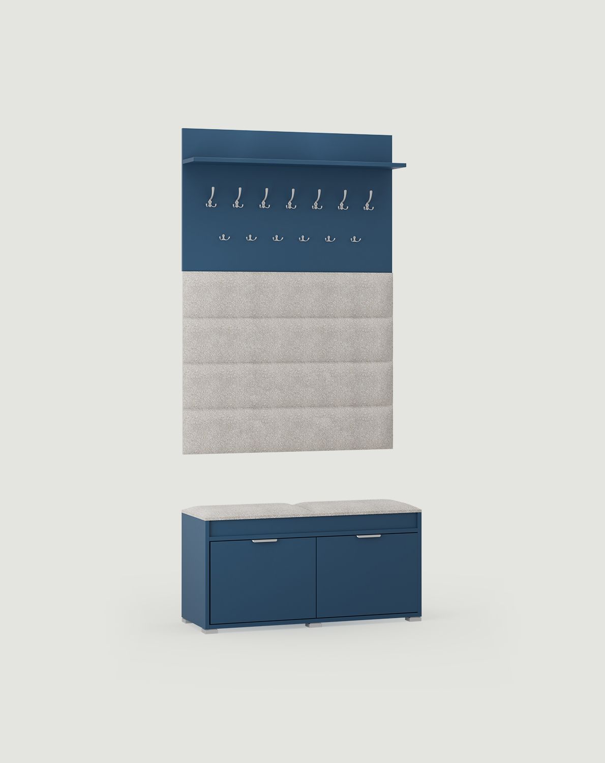 Cuier mare cu panouri W5P + dulap pentru pantofi SBC1
Culoare: albastru tirolez
Scaun: Moss 01
Mâner: LING Silver KLS mâner de margine
Tip cârlig: AW01/03 Aluminiu
                            