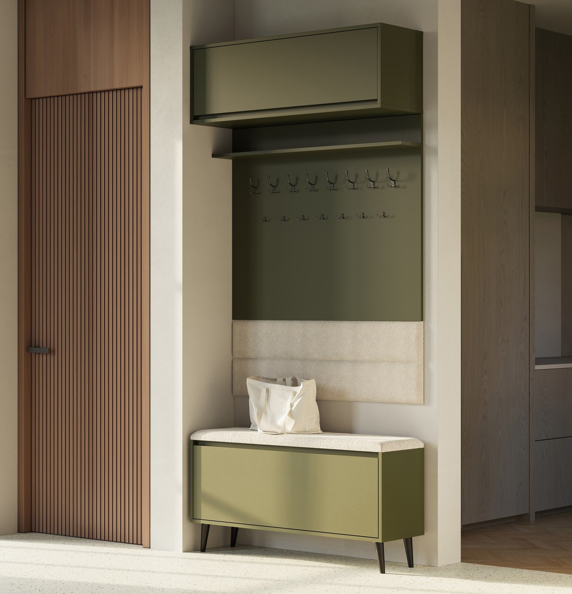 Cuier mare cu panouri W5P + dulap pentru pantofi FENRIS SBD3
Culoare: Verde cypress
Scaun: Moss 02
Cârlig: CZW01/03 Negru
Picior: Fag role Negru