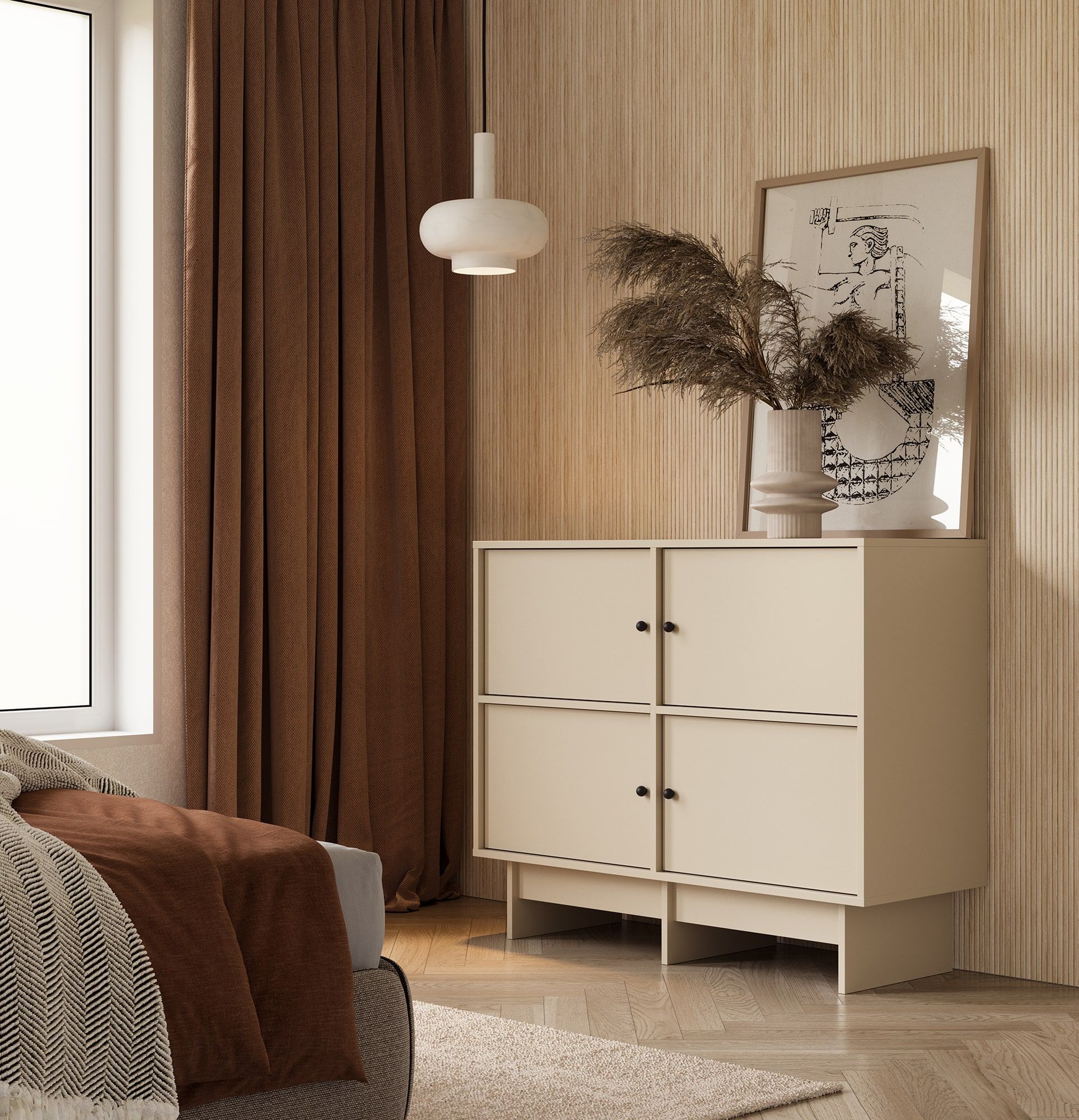 Comoda KABE KK01 în stil JAPONEZ
Culoare: Champagne Beige
Mâner: Mâner cu bilă Black KD