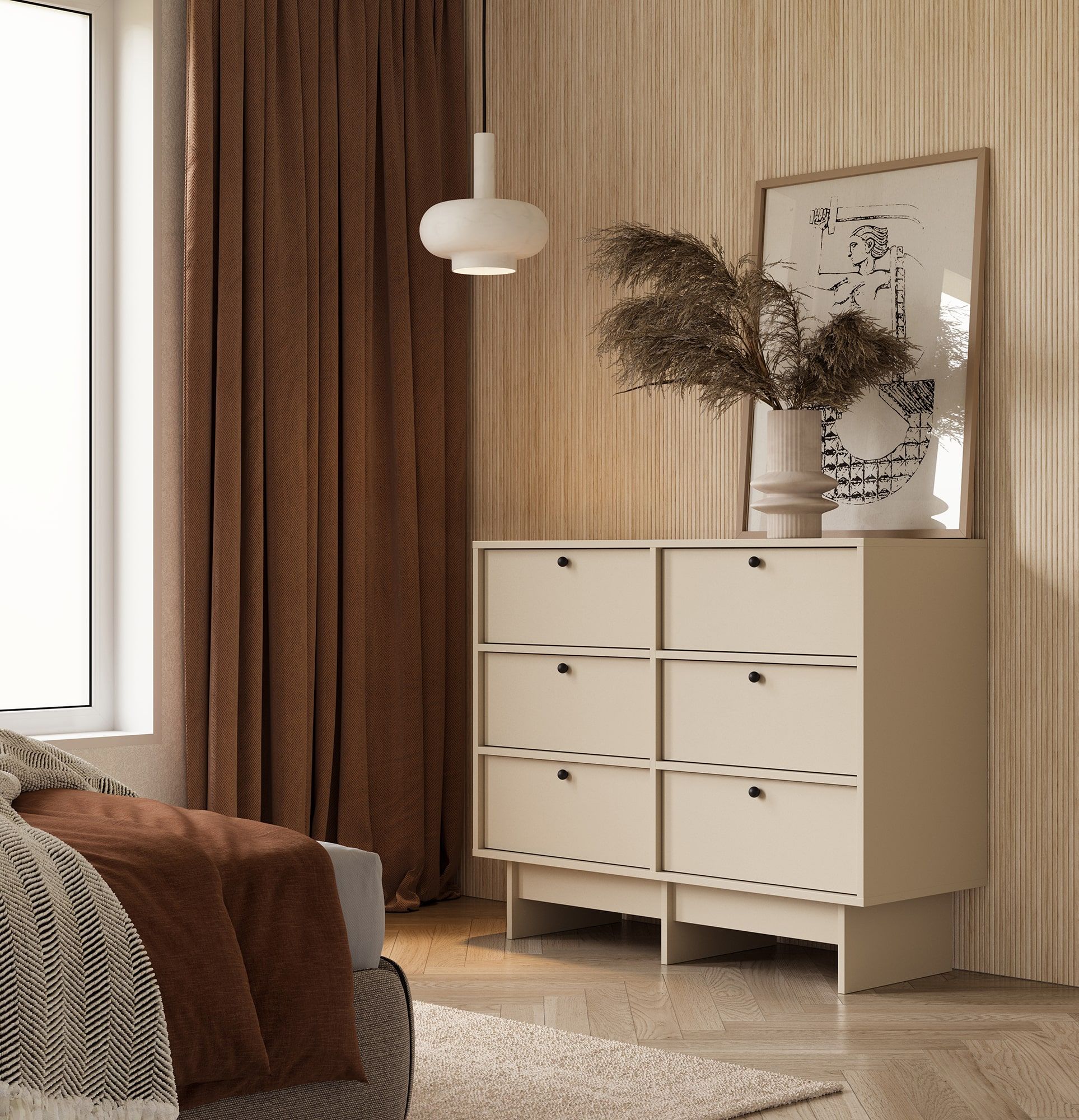 Comoda KABE KK02 în stil JAPANDI
Culoare: Champagne Beige
Mâner: Mâner cu bilă Black KD