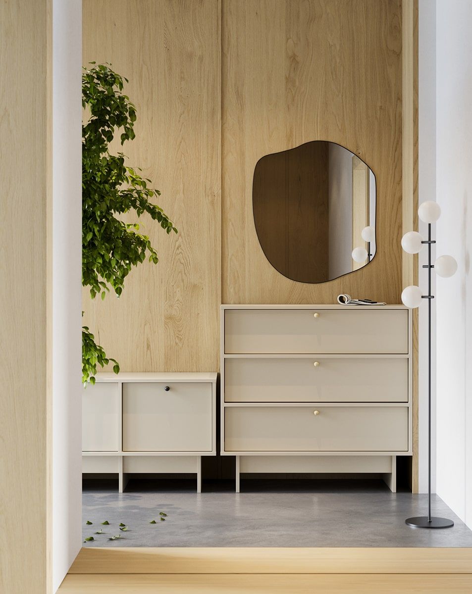 Comoda KABE KK03 în stil JAPANDI
Culoare: Champagne Beige
Mâner: Mâner cu bilă Black KD