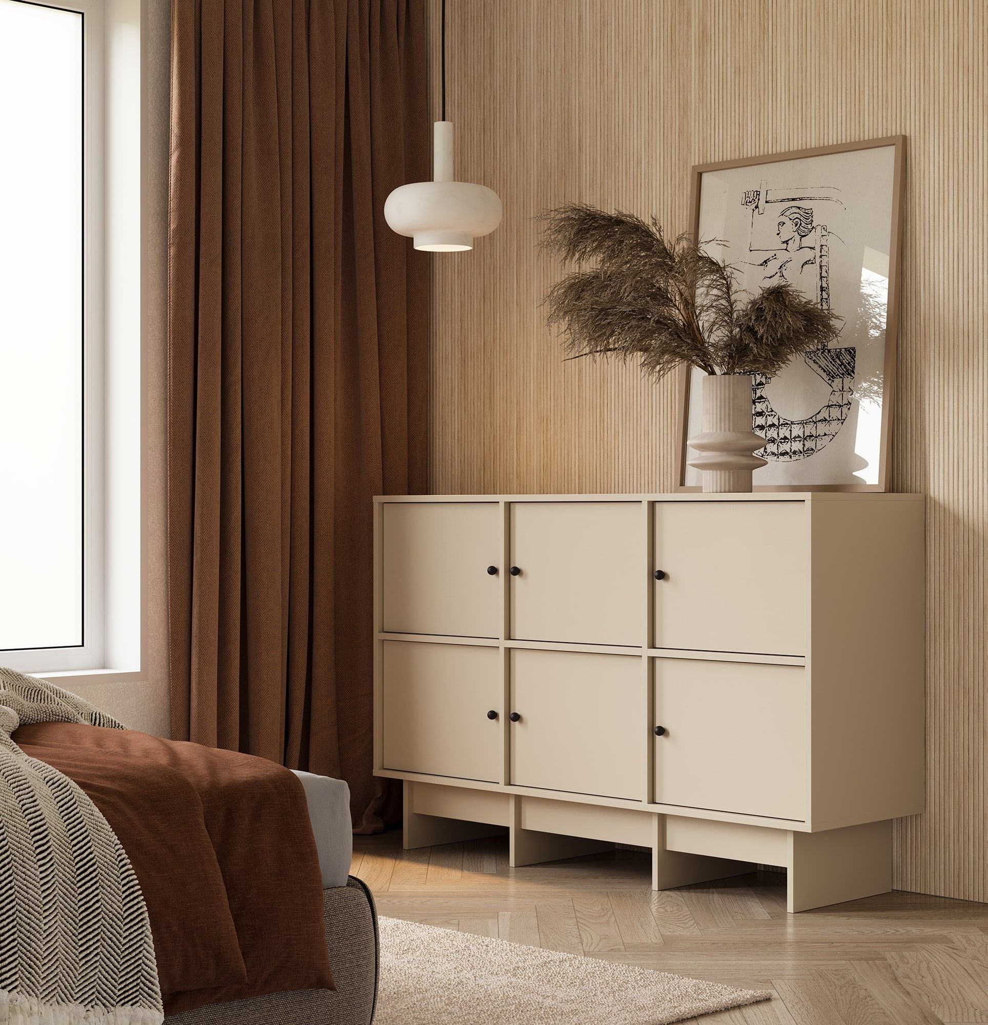 Comoda KABE KK04 în stil JAPANDI
Culoare: Champagne Beige
Mâner: Mâner cu bilă Black KD