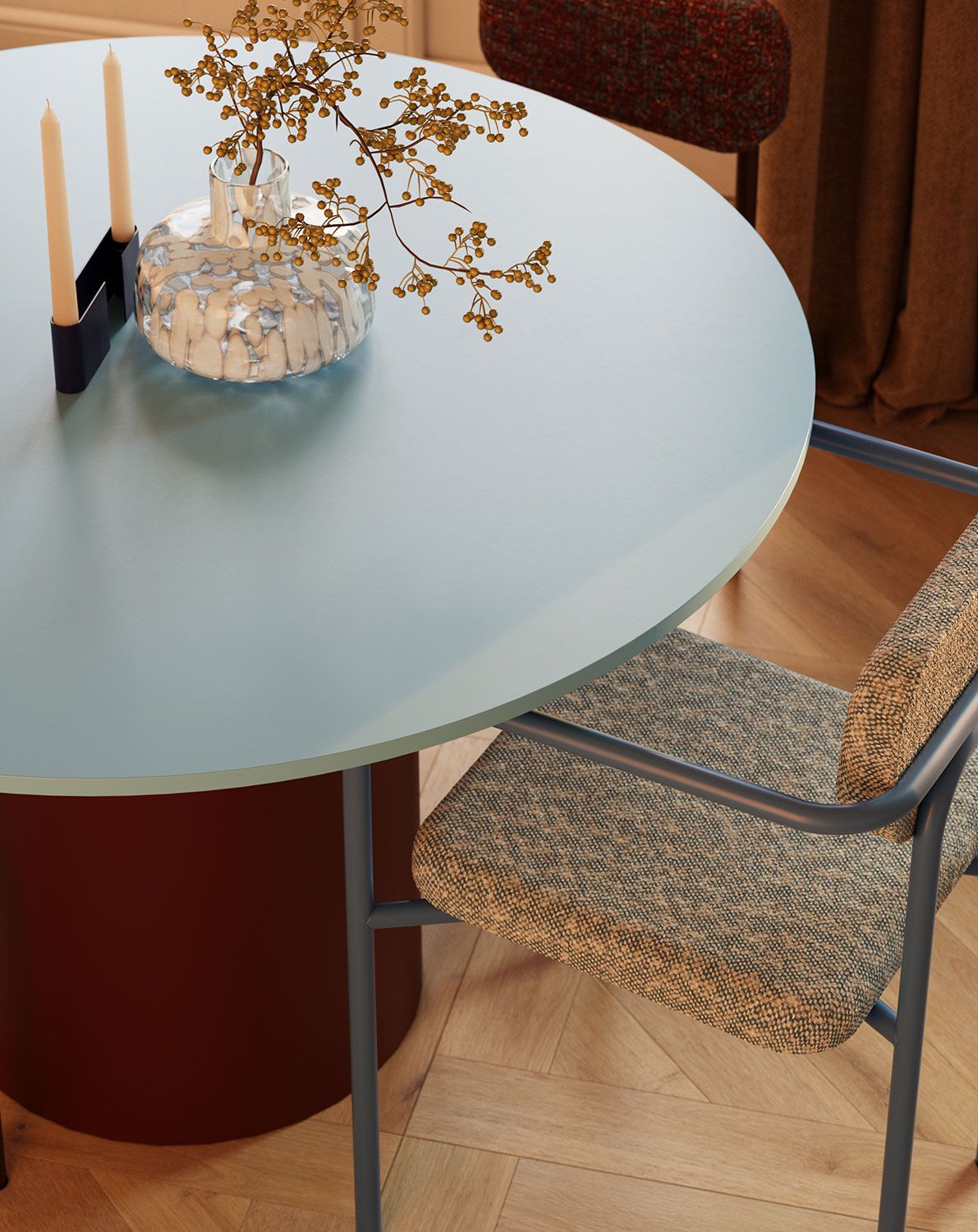 Masă de sufragerie LOOP LP1
Culoarea blatului mesei: Dove Blue
Picior: Roșu Marțian
                            