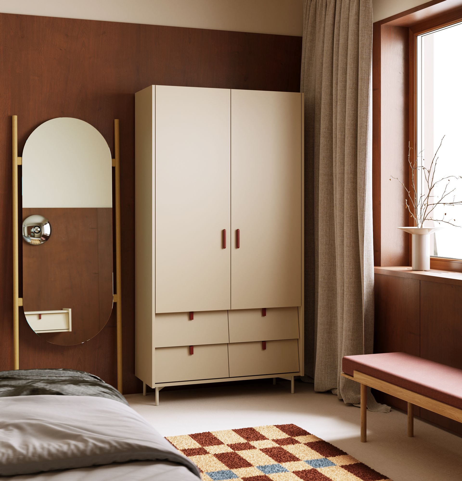 Dulap SKRA SKR48
Culoare: Champagne Beige
Mâner superior: Cigar Burgundy
Mâner inferior: Burgundy Wedge
Picior: Milky Way