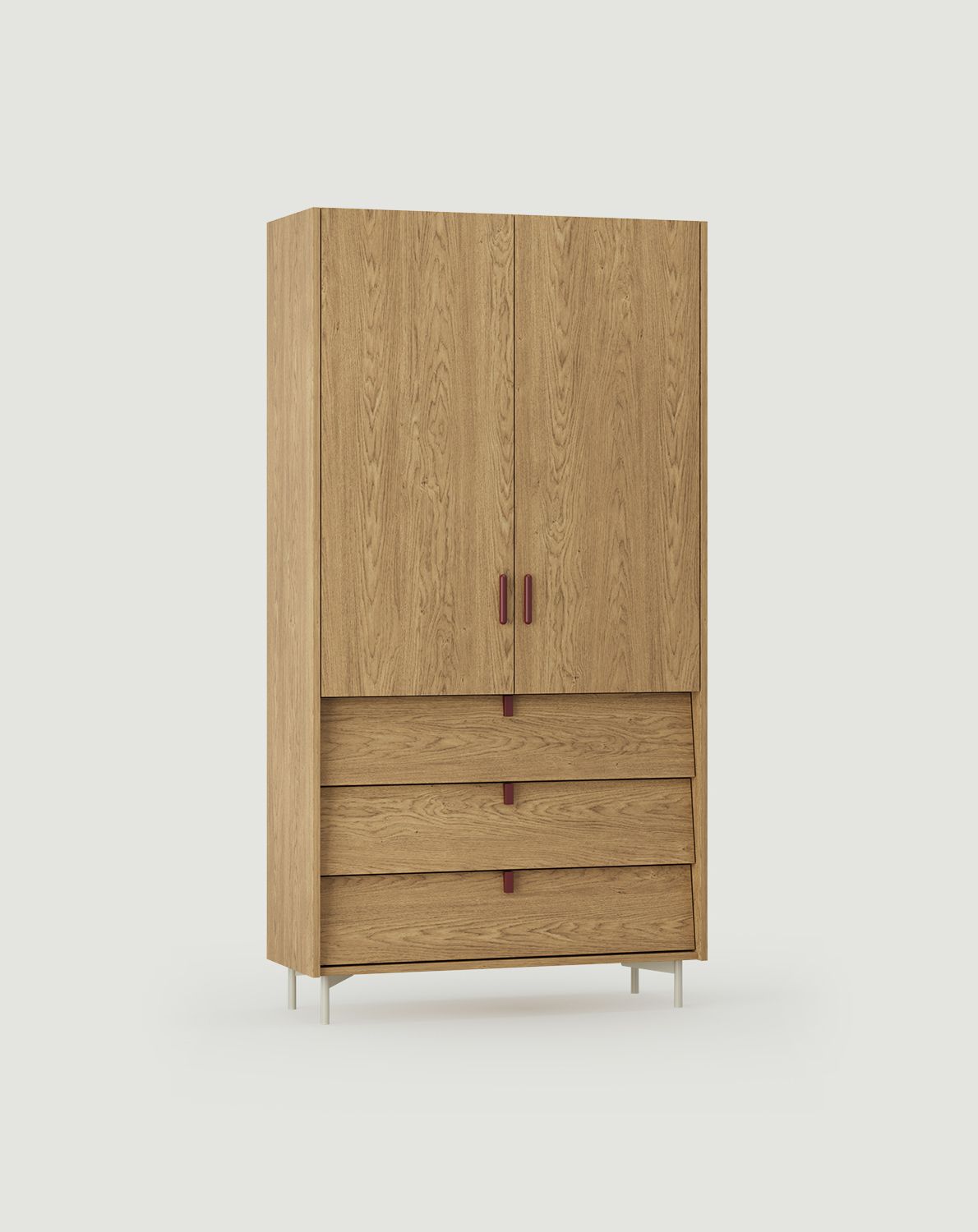 Dulap SKRA SKR51
Culoare: furnir de stejar natural
Mâner superior: Cigar Burgundy
Mâner inferior: Burgundy wedge
Picior: Milky Way