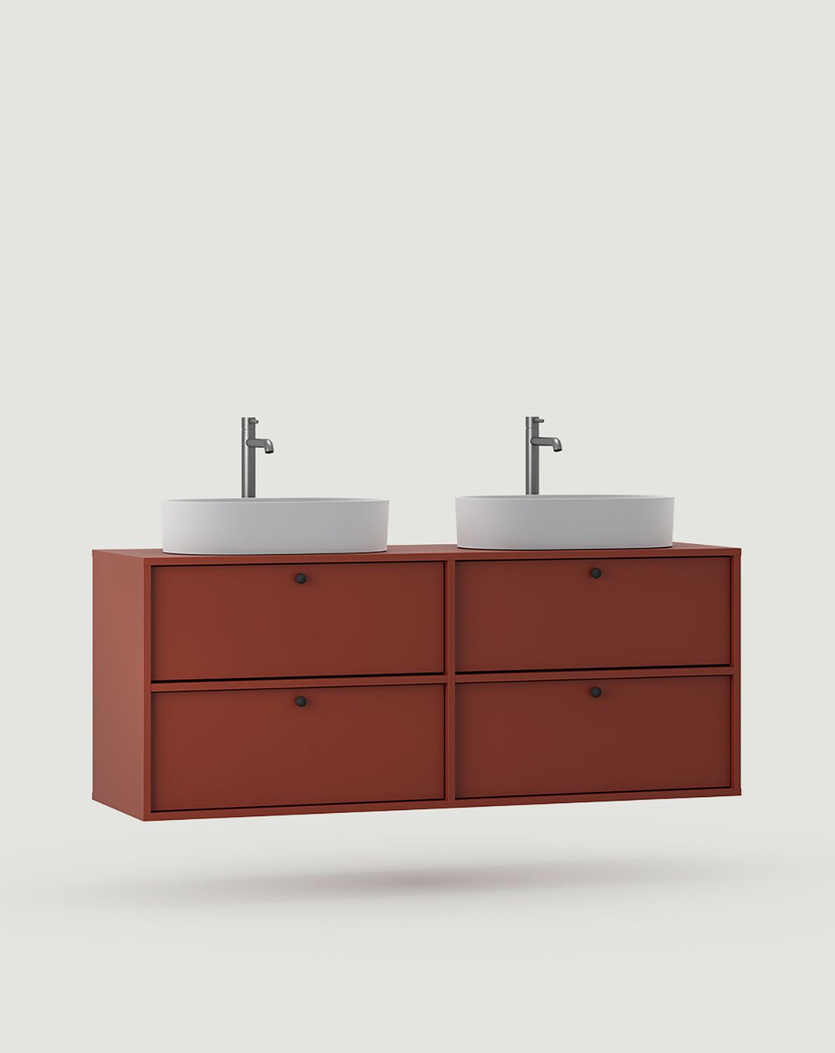 Dulap KABE cu două chiuvete de perete OMNIRES WK2U03 în stil JAPANDI
Culoare: Fiery Terracotta
Mâner: Mâner cu bilă Black KD
Bazin: OVO M+ alb lucios OMNIRES
Robinet: Tall Y Nichel OMNIRES
                            