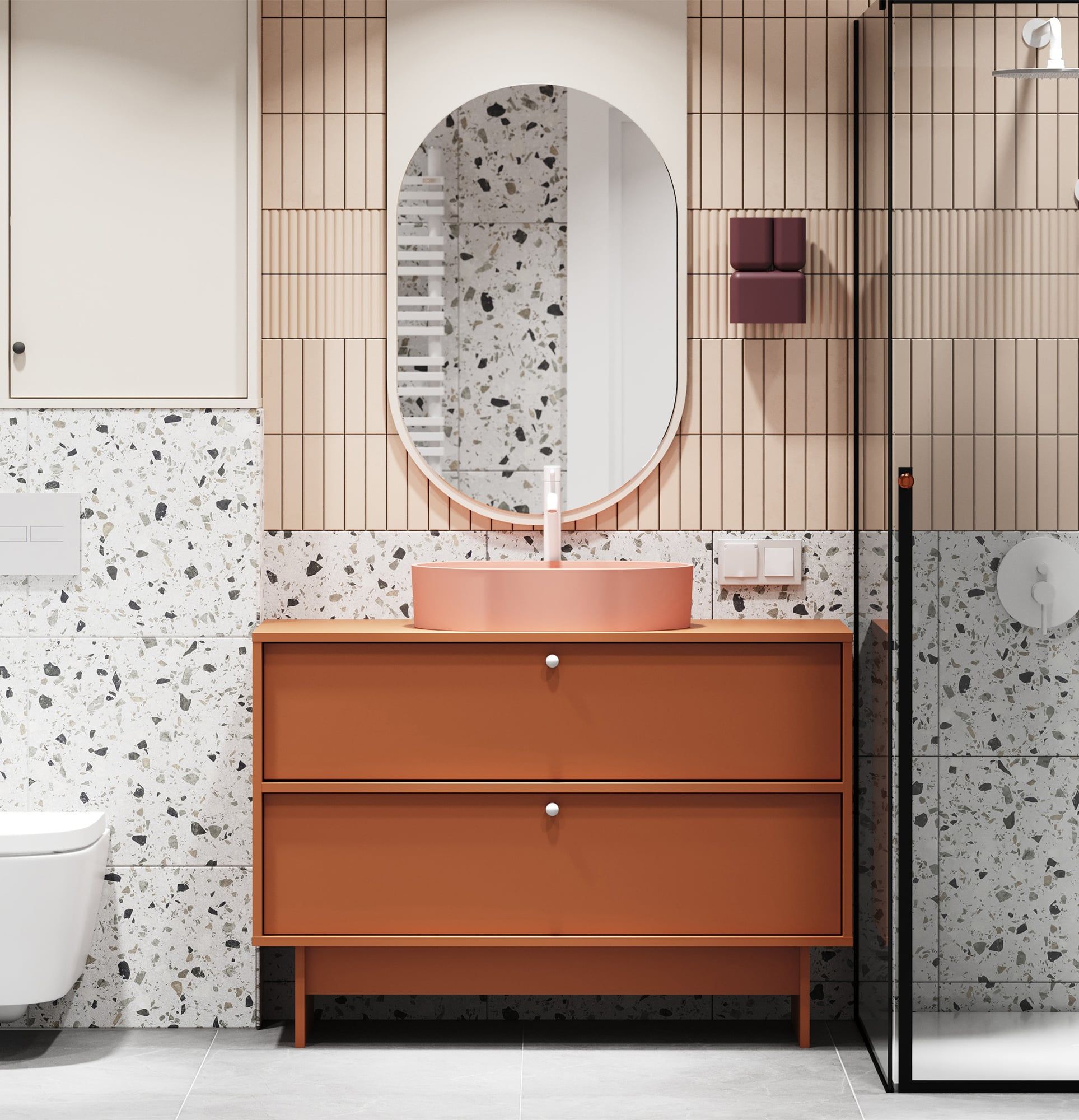 Dulap KABE cu chiuvetă OMNIRES KU02 în stil JAPANDI
Culoare: teracotă aprinsă
Mâner: Mâner sferic KD White
Bazin: OVO M+ Coral OMNIRES
Robinet: Tall Y Alb OMNIRES