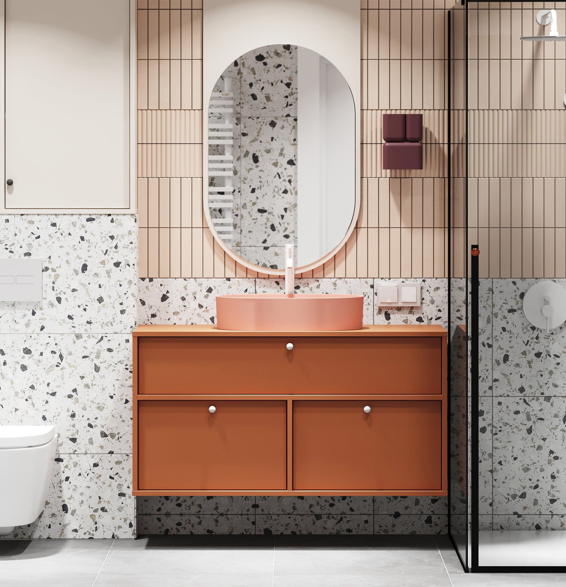 Dulap KABE cu chiuvetă OMNIRES montată pe perete WKU01 în stil JAPANDI
Culoare: Fiery Terracotta
Mâner: Mâner sferic KD White
Bazin: OVO M+ Coral OMNIRES
Robinet: Tall Y Alb OMNIRES