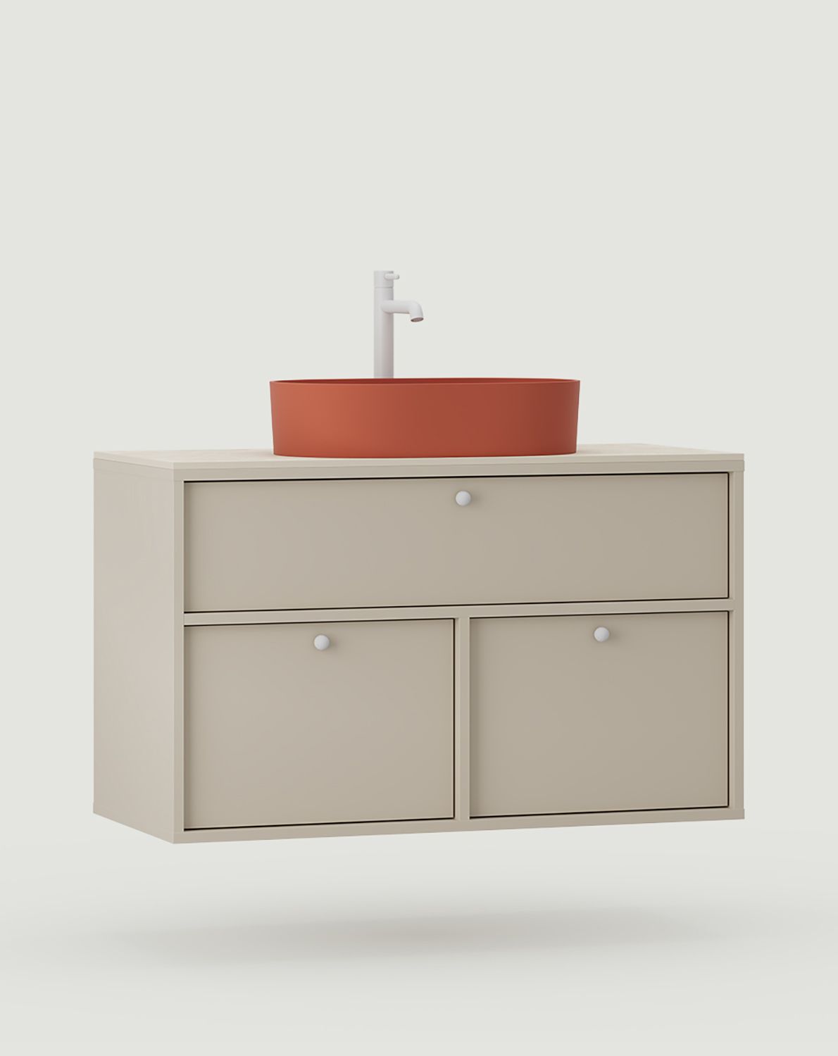 Dulap KABE cu chiuvetă OMNIRES montată pe perete WKU01 în stil JAPANDI
Culoare: Champagne Beige
Mâner: Mâner cu bilă KD alb
Bazin: OVO M+ Terracotta OMNIRES
Robinet: Tall Y Alb OMNIRES