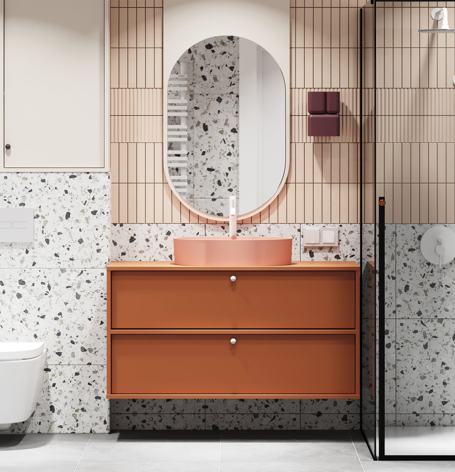 Dulap KABE cu chiuvetă OMNIRES montată pe perete WKU02 în stil JAPANDI
Culoare: Fiery Terracotta
Mâner: Mâner sferic KD White
Bazin: OVO M+ Coral OMNIRES
Robinet: Tall Y Alb OMNIRES