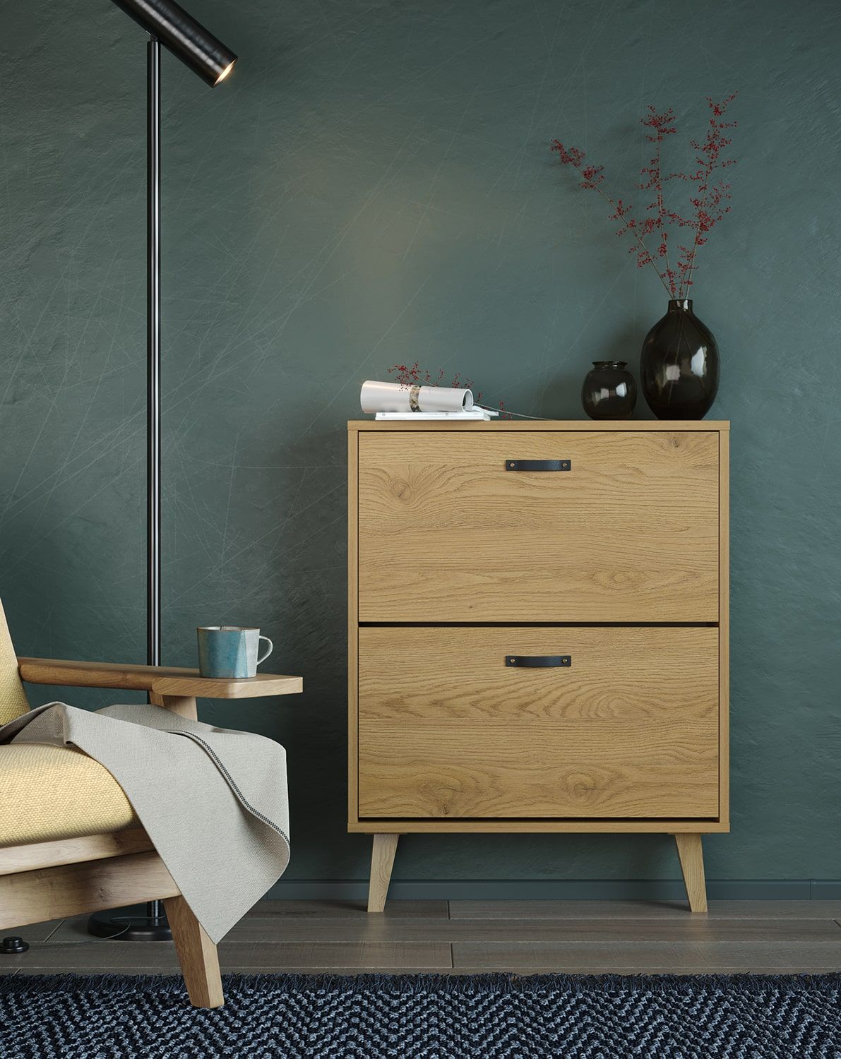 Dulap pentru pantofi cu clapetă FENRIS SBK2F
Culoare: Sun Oak
Picior: stejar trapezoidal uns cu ulei
Mâner: Mâner SKADI Piele neagră SKCZ