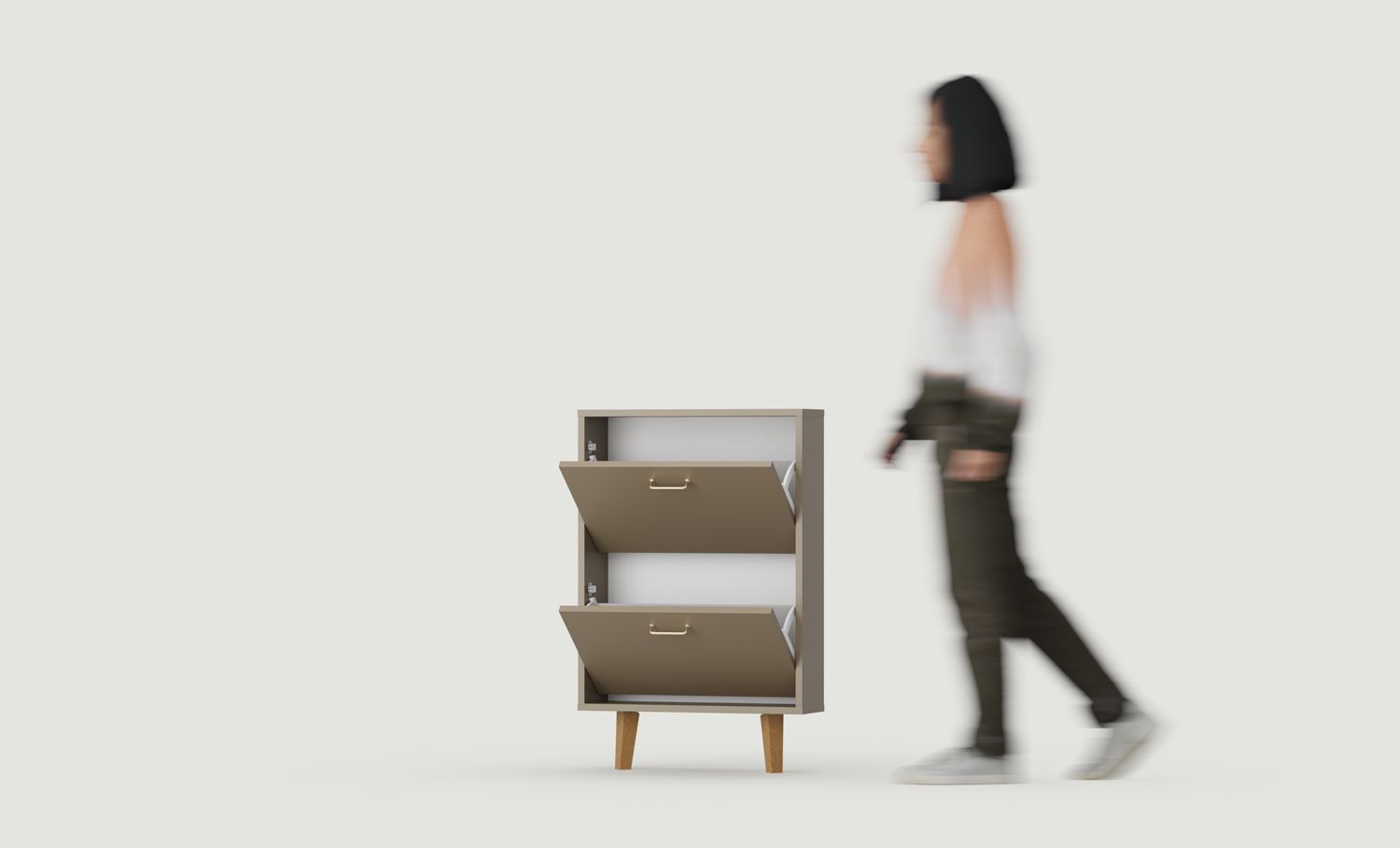 Dulap pentru pantofi cu clapetă FENRIS SBK2F
Culoare: maro cafea
Picior: Trapezoidal din lemn de fag vopsit
Mâner: JORD Gold2