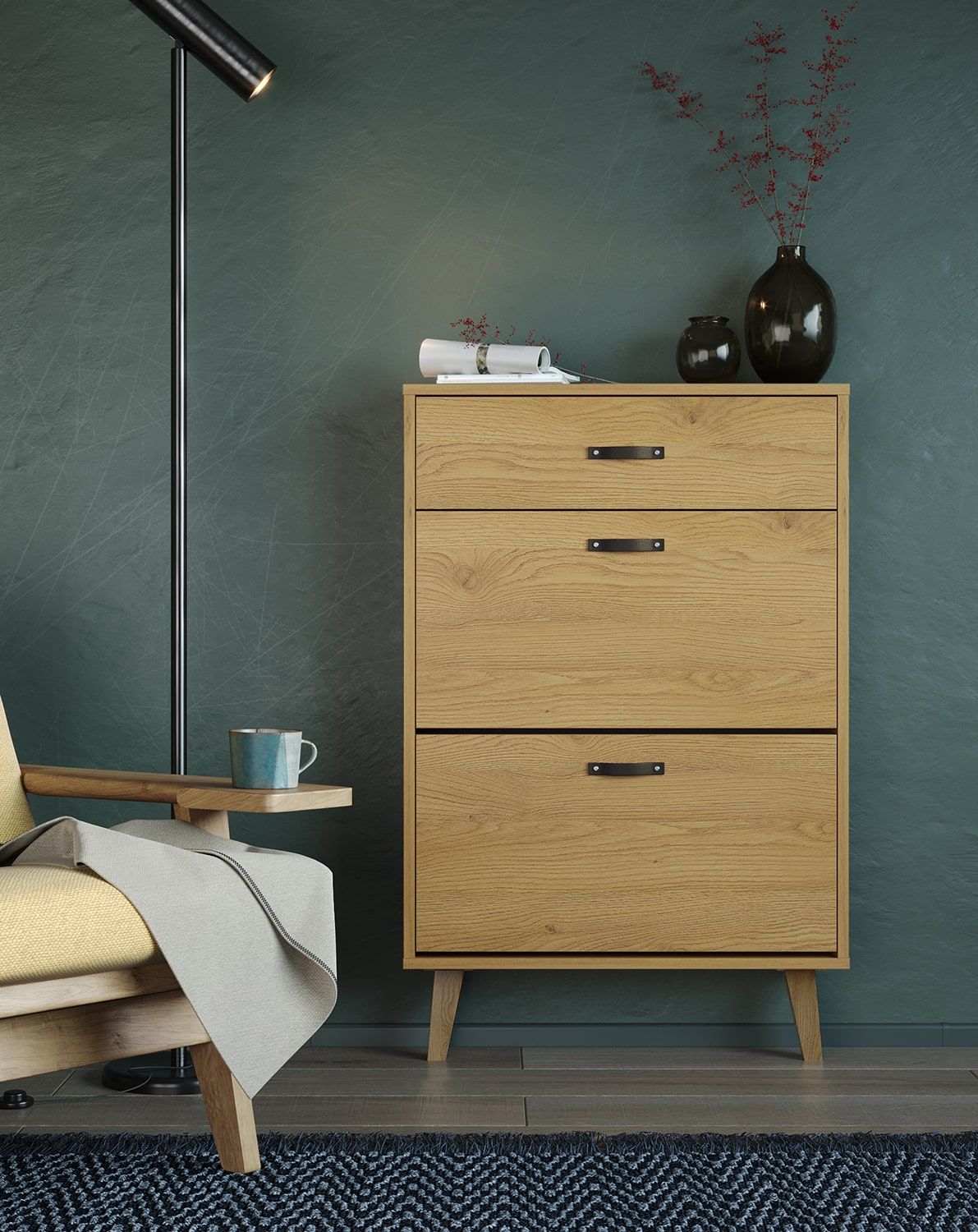 Dulap pentru pantofi cu clapetă FENRIS SBK4DSF
Culoare: Sun Oak
Picior: Stejar trapezoidal uns cu ulei
Mâner: Mâner SKADI piele neagră SKCZ