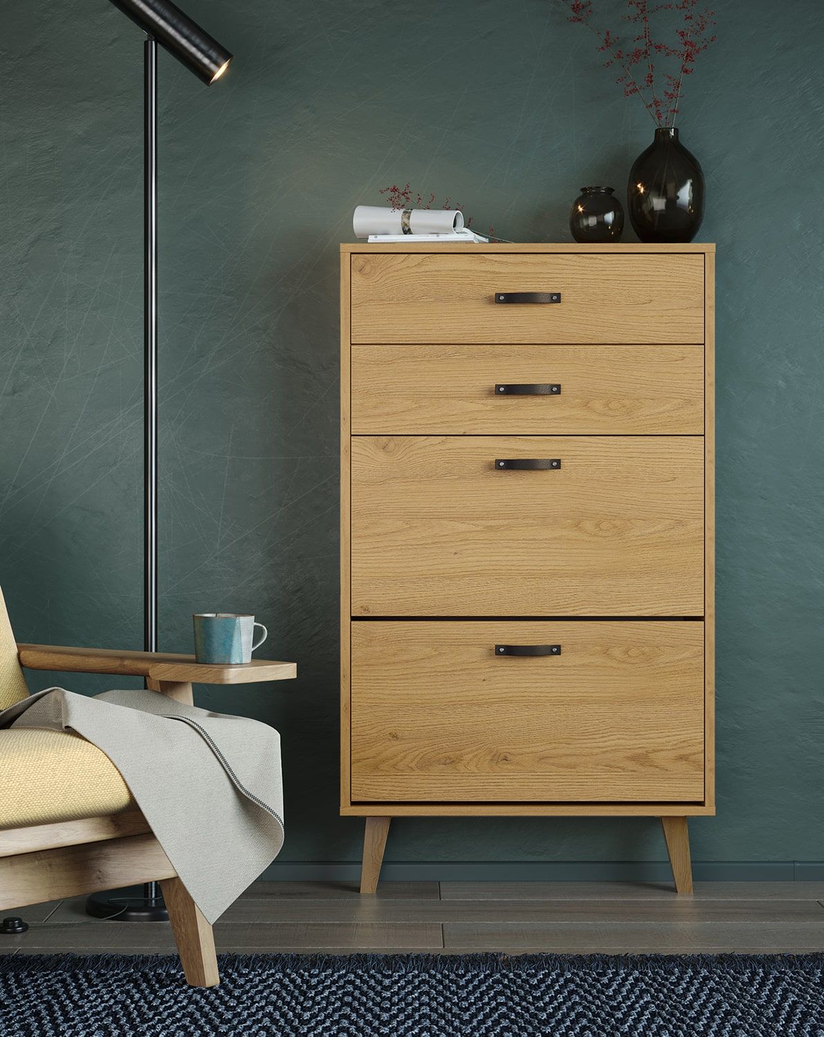 Dulap pentru pantofi cu clapetă FENRIS SBK5SF
Culoare: Sun Oak
Picior: Stejar trapezoidal uns cu ulei
Mâner: Mâner SKADI Piele neagră SKCZ