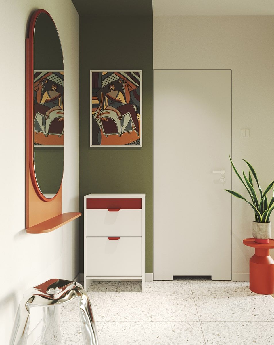 Dulap pentru pantofi cu clapetă LAYERS LAY18
Culoare: Porțelan alb
Culoare față: Fire Terracotta
Mâner: Mâner LAYERS 110 Fire Terracotta
