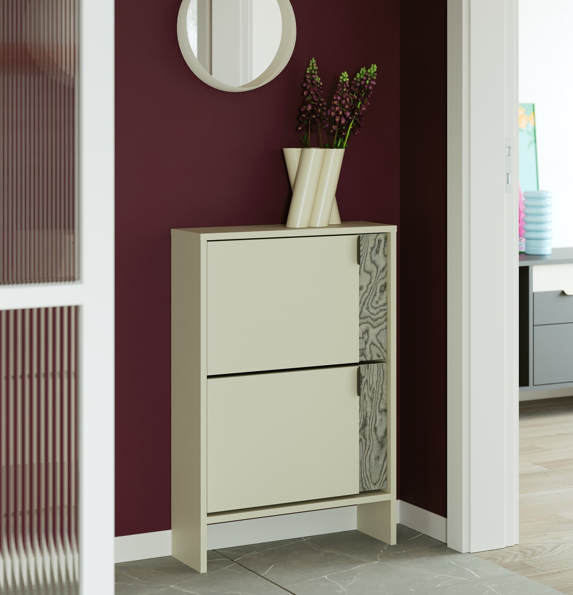 Dulap pentru pantofi cu clapetă LAYERS LAY33
Culoare: Milky Way
Culoarea celui de-al doilea strat din față: Sottsass Grey Veneer
Mâner: mâner LAYERS 110 Deep Basalt