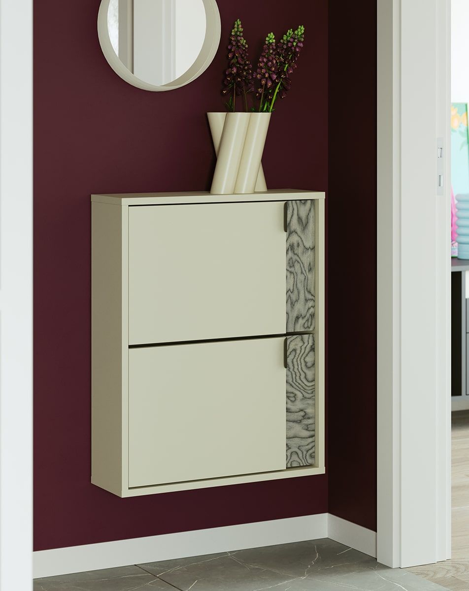 Dulap pentru pantofi cu clapetă LAYERS LAY36
Culoare: Milky Way
Culoarea celui de-al doilea strat din față: Sottsass Grey Veneer
Mâner: mâner LAYERS 110 Deep Basalt