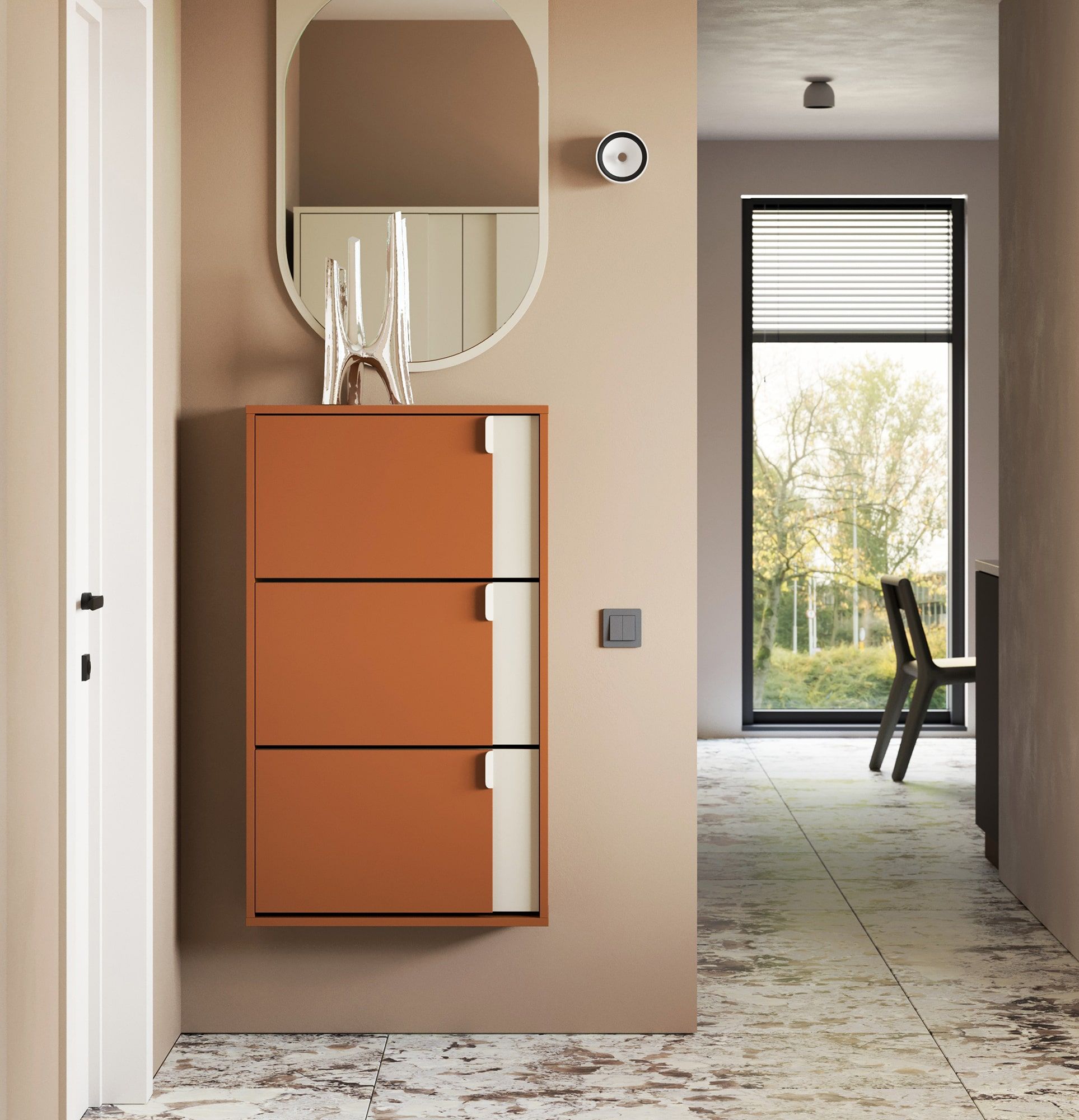 Dulap pentru pantofi cu clapetă LAYERS LAY38
Culoare: Sahara Deep
Culoarea celui de-al doilea strat din față: Champagne Beige
Mâner: LAYERS 110 Porcelain White