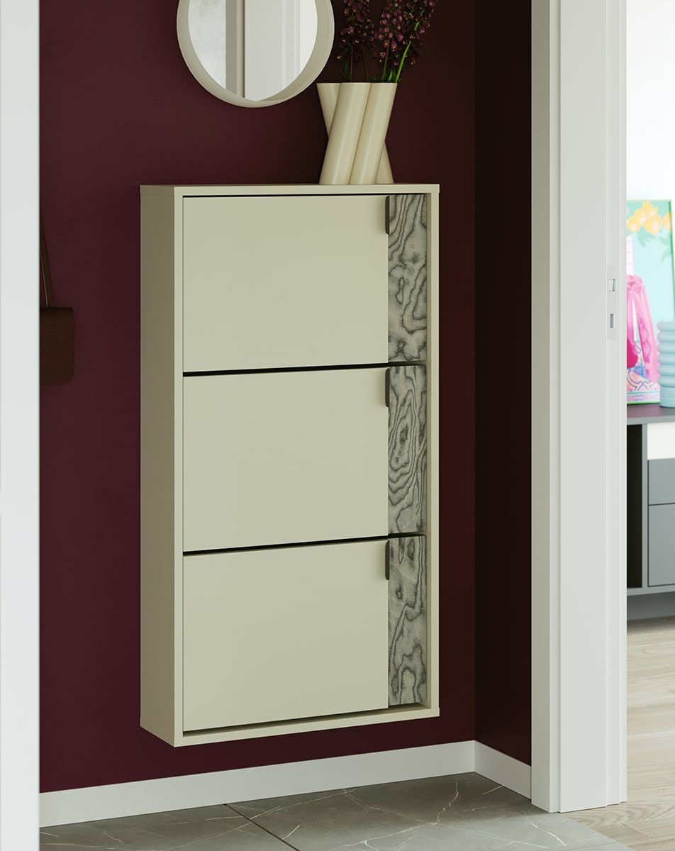 Dulap pentru pantofi cu clapetă LAYERS LAY39
Culoare: Milky Way
Culoarea celui de-al doilea strat din față: Sottsass Grey Veneer
Mâner: mâner LAYERS 110 Deep Basalt