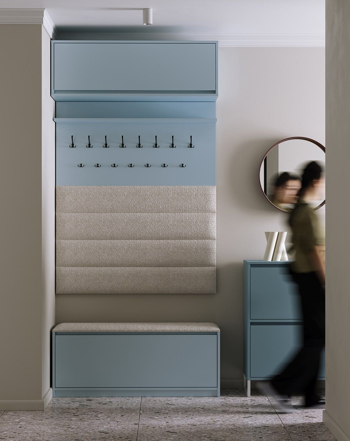 Dulap pentru pantofi SBD1 cu scaun LOKI
Culoare: Dove Blue
Scaun: Moss 02
