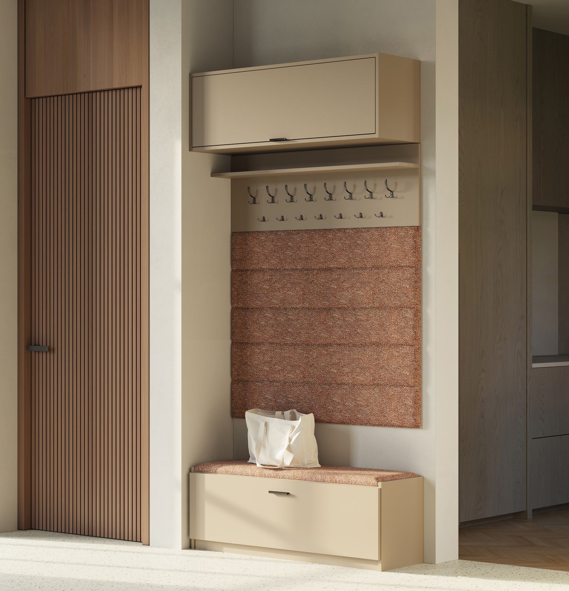 Dulap pentru pantofi SBE1 cu scaun
Culoare: Cappuccino
Scaun: Terra 04
Mâner: Mâner DAG cu tăblițe negre DCZ