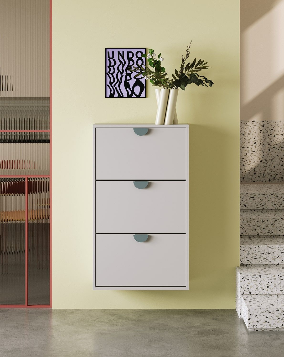 Dulap pentru pantofi suspendat SBK6D
Culoare: Silent Grey
Mâner: Mâner din lemn de frasin RIND