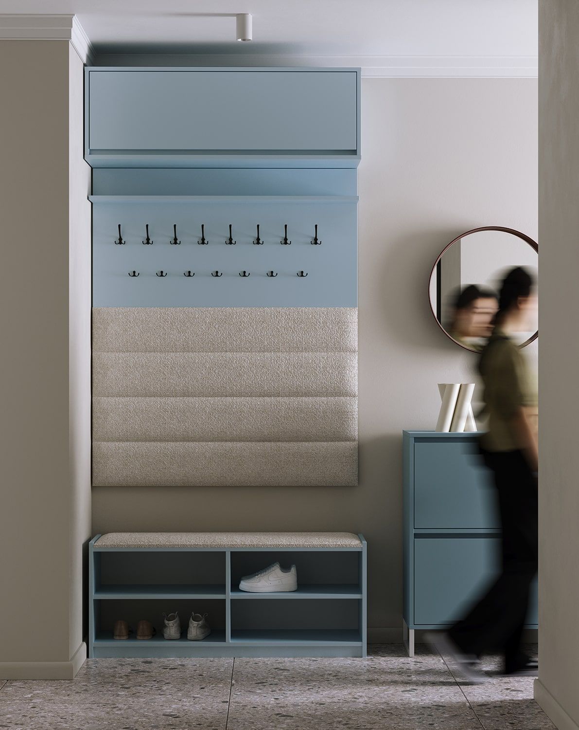 Dulap pentru pantofi SBO2 cu scaun
Culoare: Dove Blue
Scaun: Moss 02