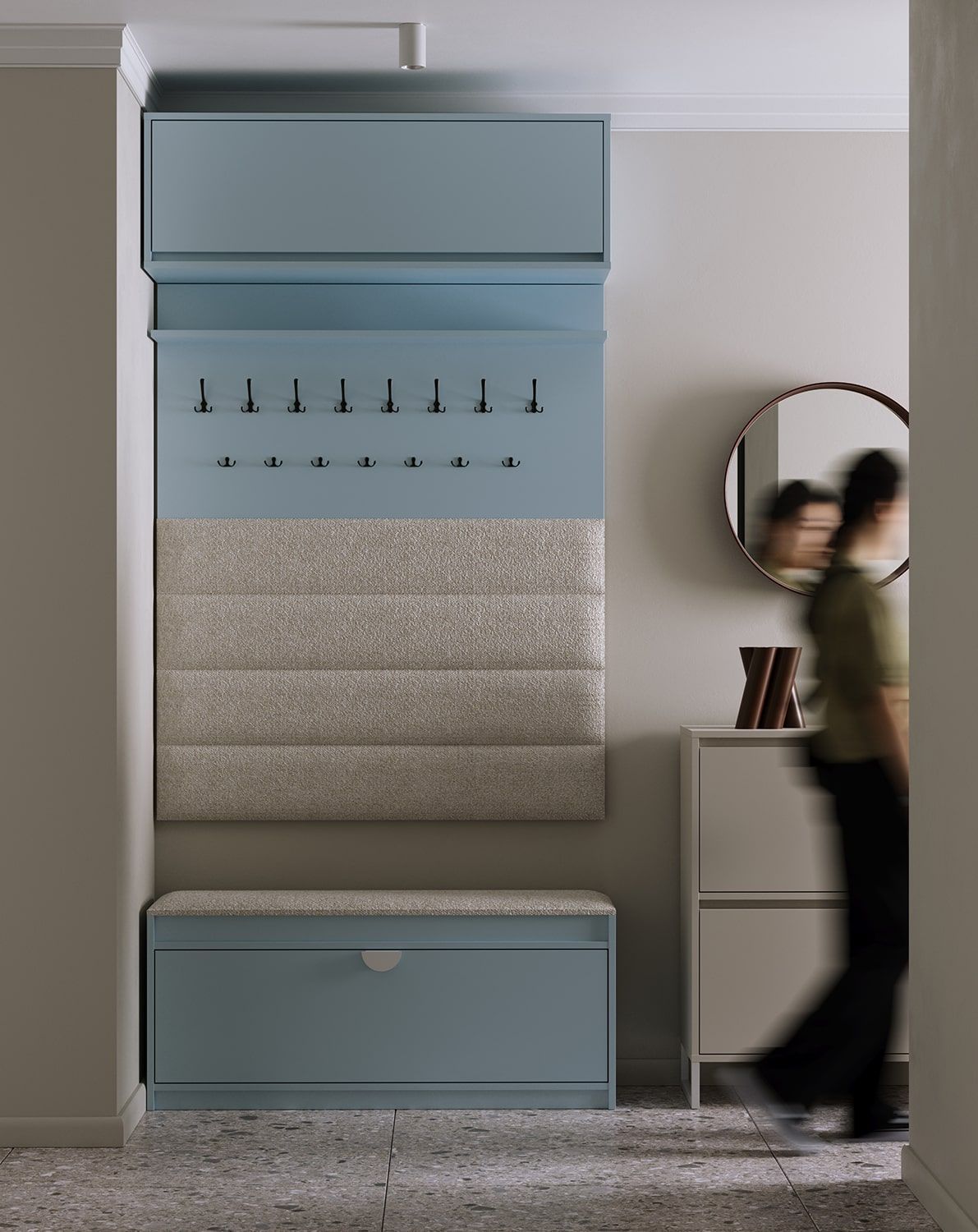 Dulap pentru pantofi SBS1 cu scaun
Culoare: Dove Blue
Scaun: Moss 02
Mâner: RIND Mâner din lemn Alb