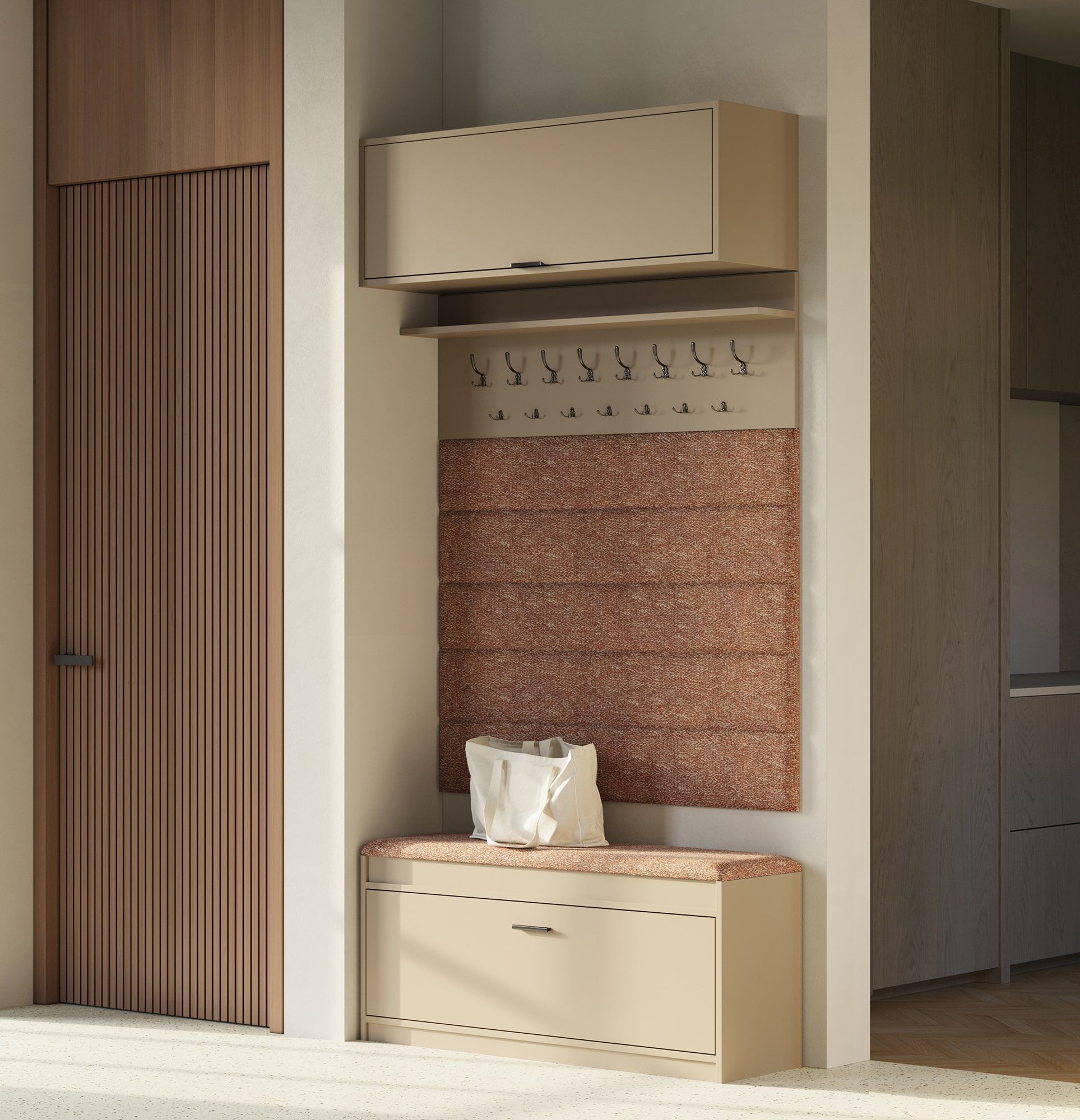 Dulap pentru pantofi SBS1 cu scaun
Culoare: Cappuccino
Scaun: Terra 04
Mâner: Mâner DAG cu tăblițe negre DCZ