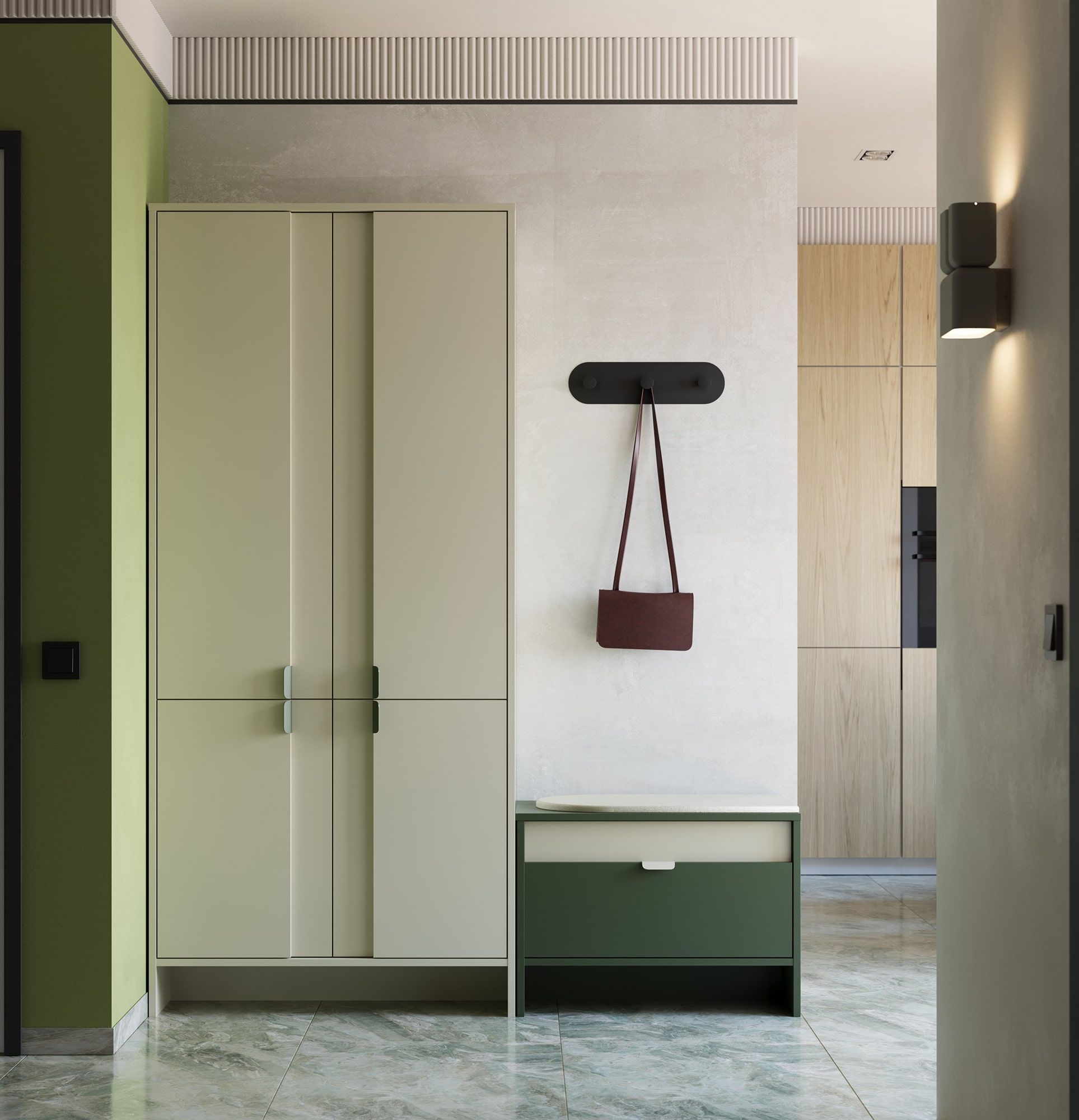 Dulap pentru pantofi cu scaun LAYERS LAY14
Culoare: Cypress Green
Culoarea celui de-al doilea strat frontal: Milky Way
Scaun: Senja 01
Mâner: LAYERS 110 Milky Way
                            