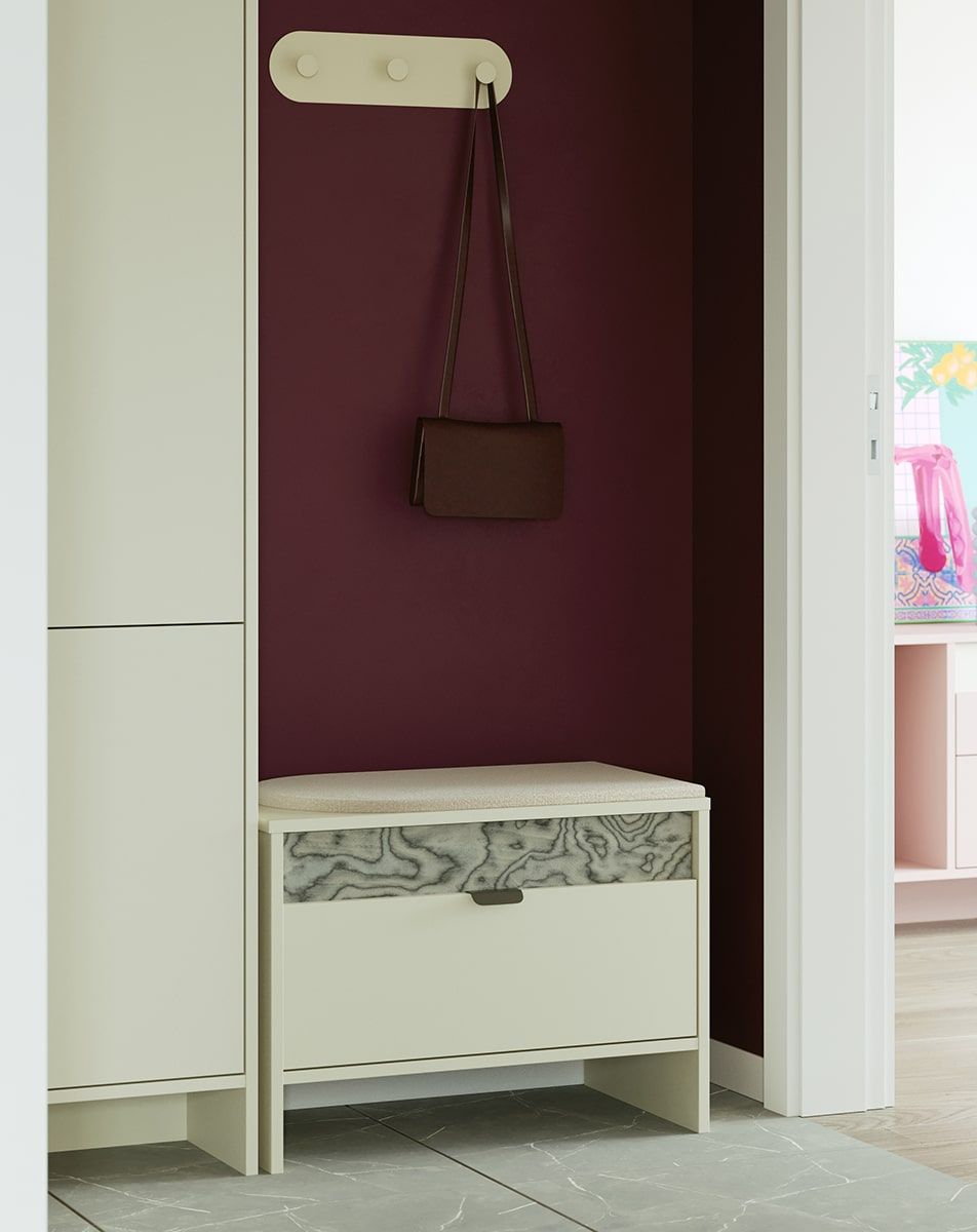 Dulap pentru pantofi cu scaun LAYERS LAY14
Culoare: Milky Way
Culoarea celui de-al doilea strat frontal: furnir gri Sottsass
Scaun: Nassau 05
Mâner: mâner LAYERS 110 Deep Basalt
                            