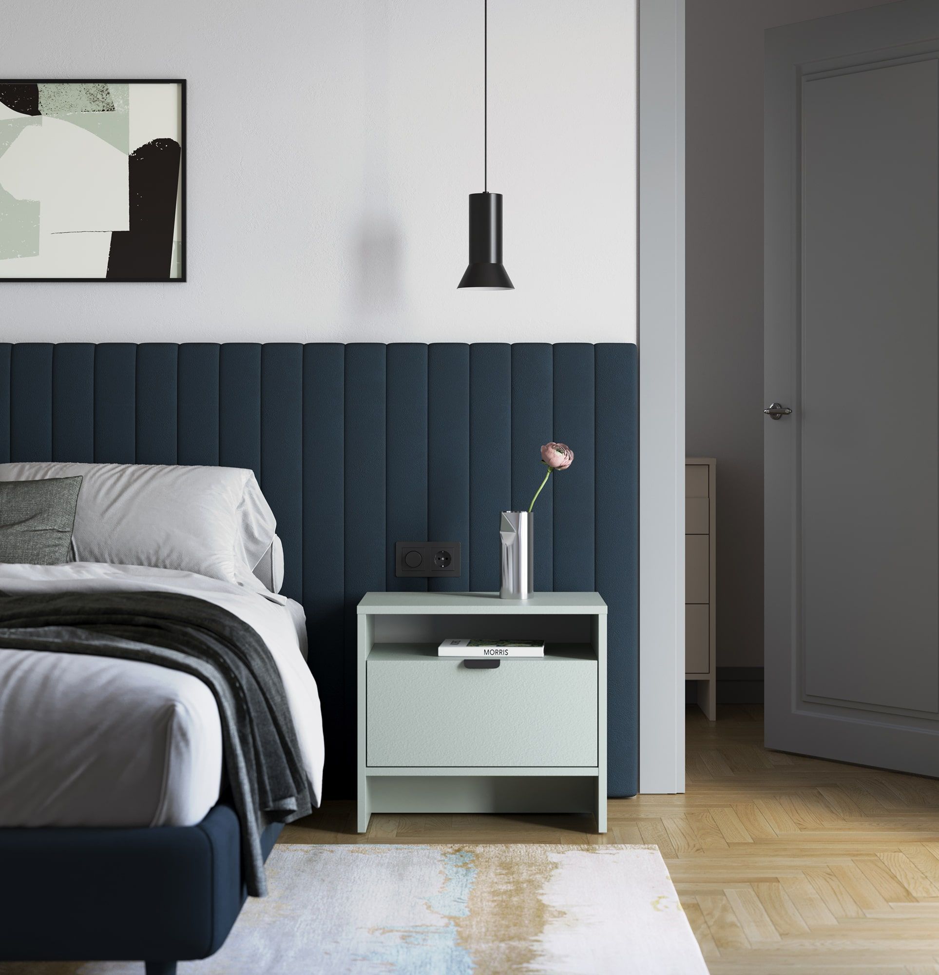 LAYERS LAY28 noptieră cu nișă și sertar
Culoare: Milk Pistachio
Mâner: Mâner LAYERS 110 Black Onyx