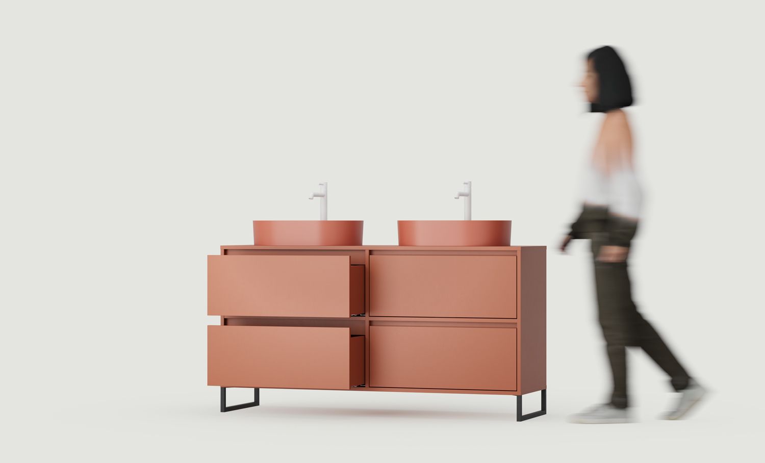 Dulap ODIS cu două chiuvete OMNIRES O2U03
Culoare: Fiery Terracotta
Culoarea piciorului: ODIS Steel Black
Bazin: OVO M+ Terracotta OMNIRES
Robinet: Tall Y Alb OMNIRES
Blat de masă: Fără blat de masă