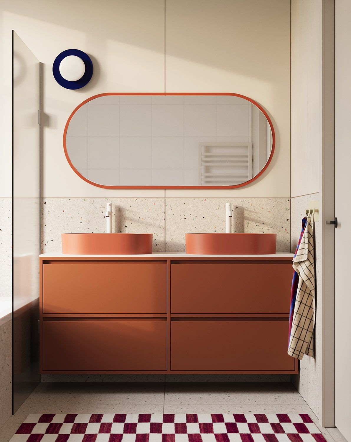 Dulap ODIS cu două lavoare OMNIRES cu montare pe perete WO2U03
Culoare: Fiery Terracotta
Bazin: OVO M+ Coral OMNIRES
Robinet: Tall Y White Mat OMNIRES
Blat: White Crystal Sinter