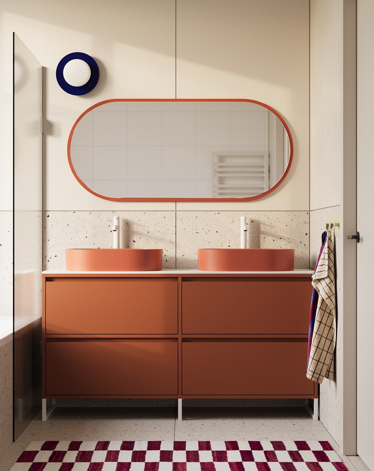 Dulap pentru două lavoare ODIS O2U03B
Culoare: Fiery Terracotta
Culoarea picioarelor: ODIS Steel White
Bazin: OVO M+ Coral OMNIRES
Robinet: Tall Y White Mat OMNIRES
Blat: White Crystal Sinter