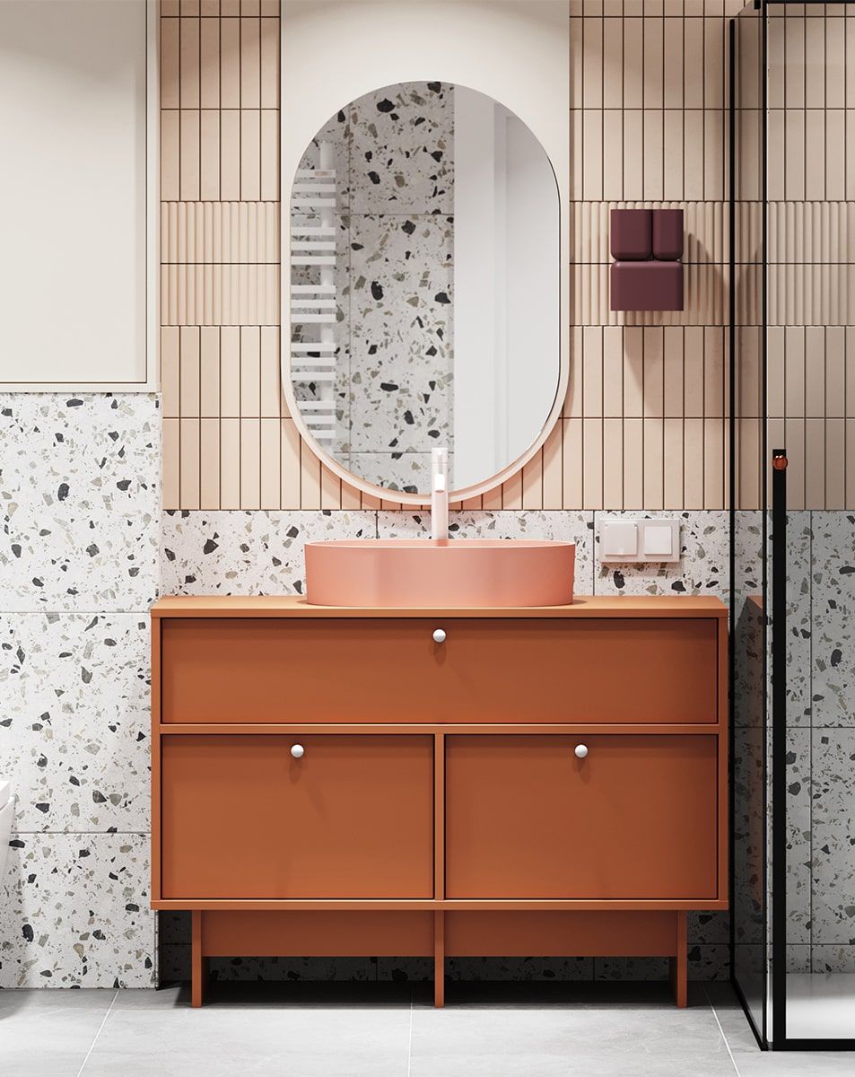 Dulap lavoar KABE KU01B în stil JAPANDI
Culoare: Fiery Terracotta
Mâner: Mâner sferic KD White
Bazin: OVO M+ Coral OMNIRES
Robinet: Tall Y Alb OMNIRES