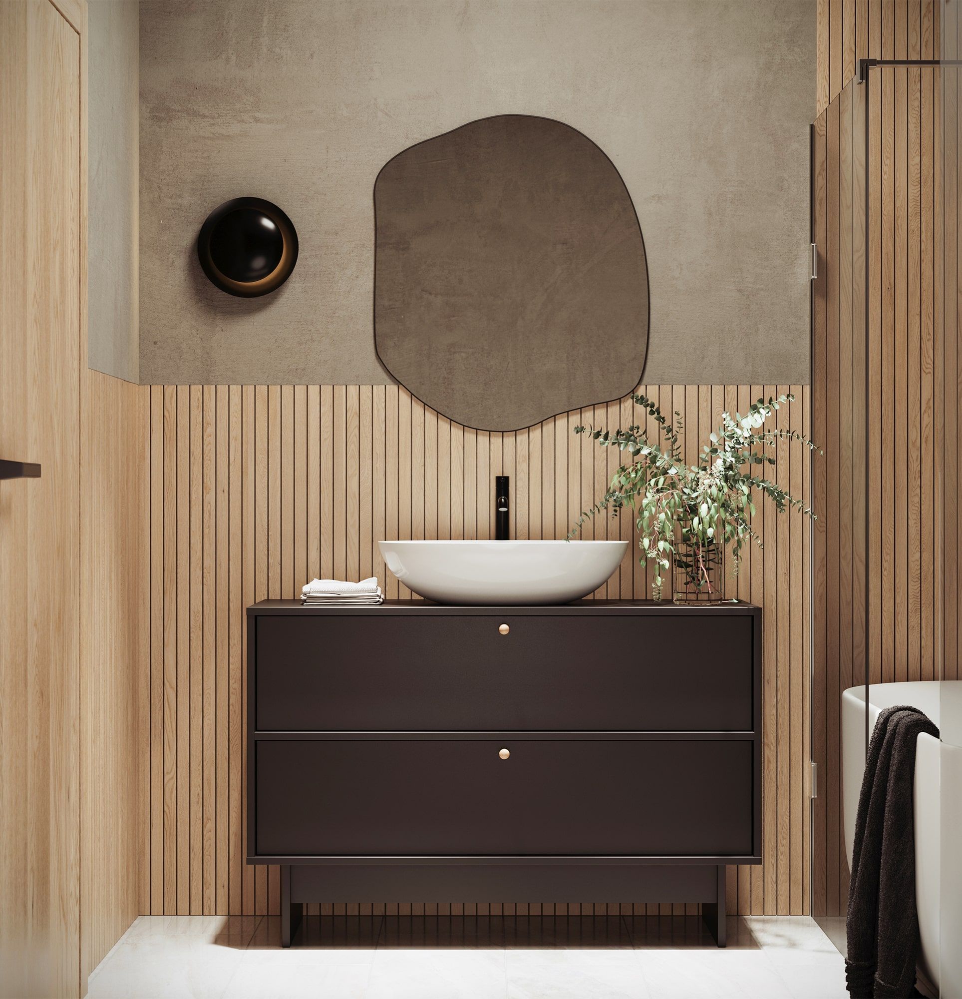 KABE KU02B dulap lavoar în stil JAPANDI
Culoare: Black Onyx
Mâner: KD Mâner sferă din lemn
Lavetă: Shell M+ alb lucios OMNIRES
Robinet: Tall Y Negru OMNIRES