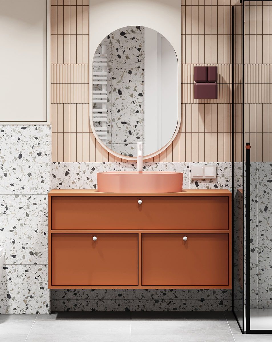 KABE dulap lavoar montat pe perete WKU01B în stil JAPANDI
Culoare: Fiery Terracotta
Mâner: Mâner cu bilă KD alb
Bazin: OVO M+ Coral OMNIRES
Robinet: Tall Y Alb OMNIRES