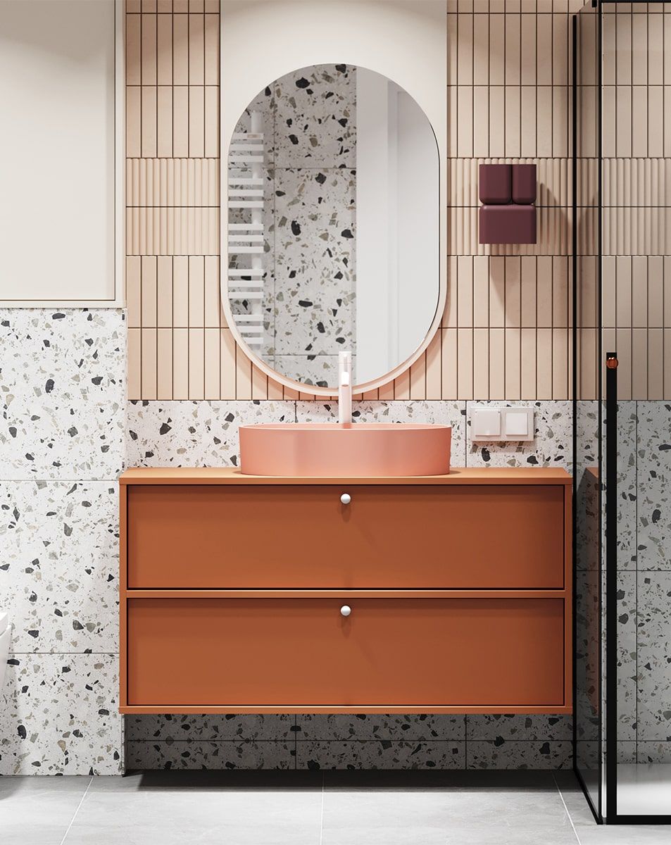 KABE dulap pentru lavoar montat pe perete WKU02B în stil JAPANDI
Culoare: Fiery Terracotta
Mâner: mâner sferic KD White
Bazin: OVO M+ Coral OMNIRES
Robinet: Tall Y Alb OMNIRES