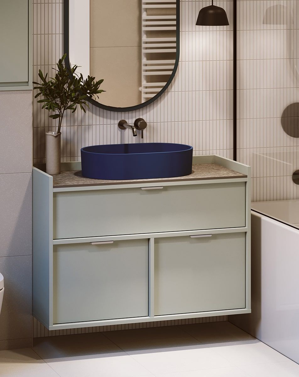Dulap lavoar SIGI suspendat WSU01B
Culoare: Milk Pistachio
Mâner: LING argintiu
Lavoar: OVO M+ Midnight Blue OMNIRES
Blat de masă: Grey terrazzo