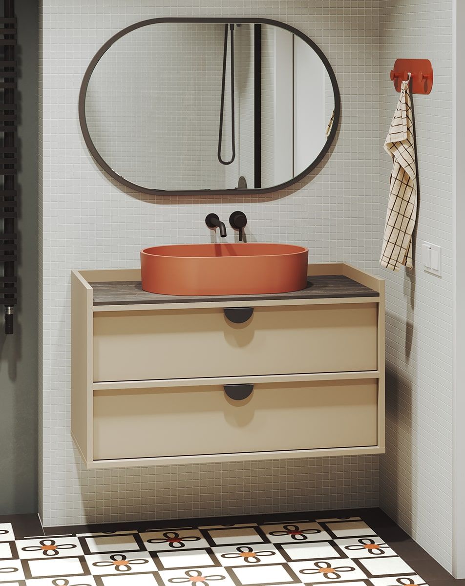 Dulap de spălat SIGI montat pe perete WSU02B
Culoare: Cappuccino
Mâner: Mâner RIND negru
Lavoar: OVO M+ Terracotta OMNIRES
Blat de masă: Marmură neagră