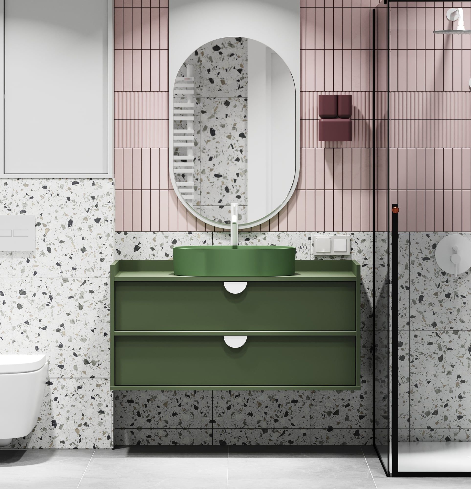 Dulap de spălat SIGI suspendat WSU02B
Culoare: Verde cypress
Mâner: Mâner din lemn RIND
Bazin: OVO M+ Olive OMNIRES
Robinet: Tall Y White Mat OMNIRES