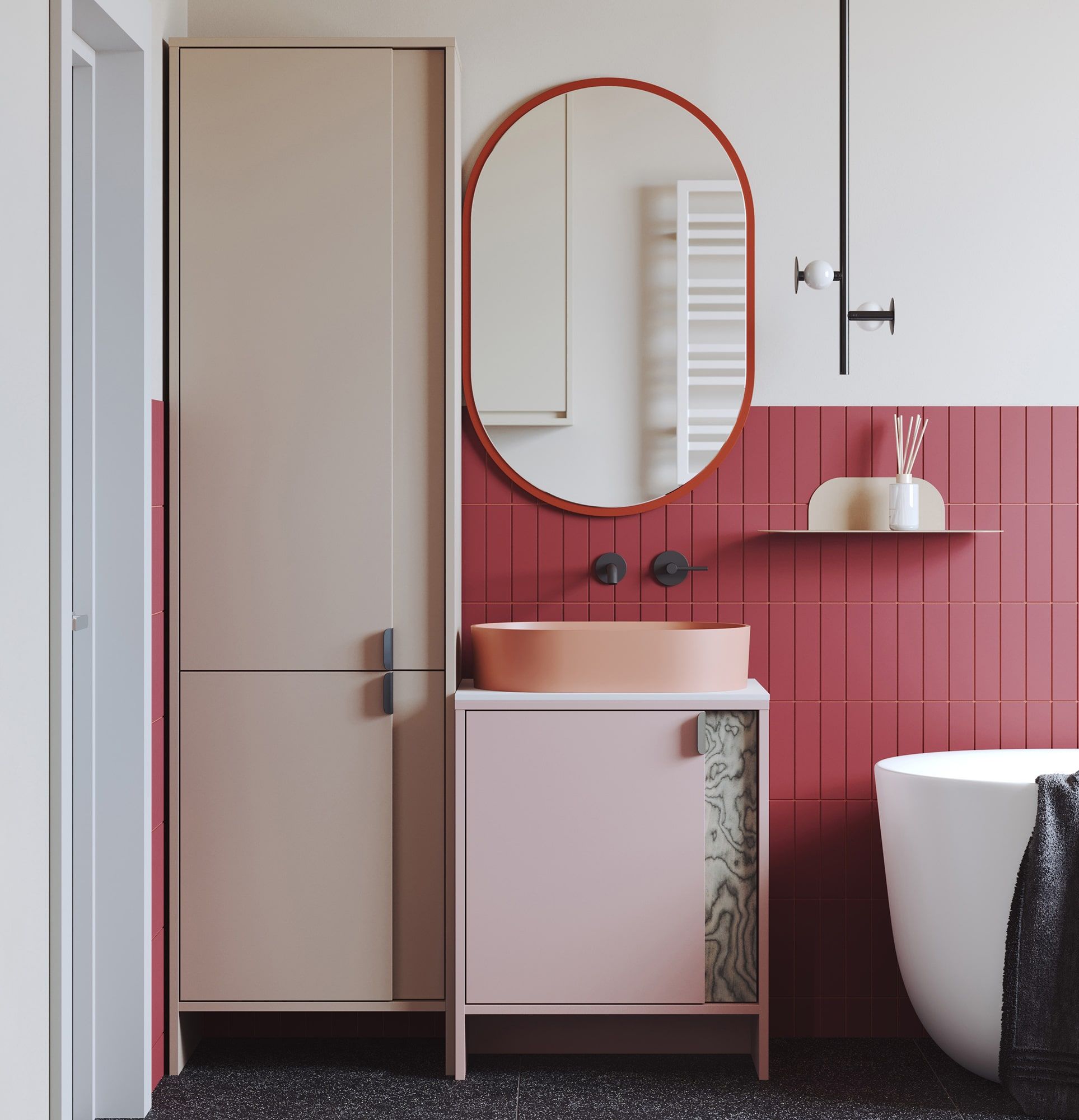 LAYERS dulap vertical cu lavoar LAY64
Culoare: Antique Rose
Culoarea celui de-al doilea strat frontal: Sottsass Grey Veneer
Mâner: Mâner LAYERS 110 Deep Basalt
Lavoar: OVO M+ Coral OMNIRES
Blat de lucru: White Crystal Sinter