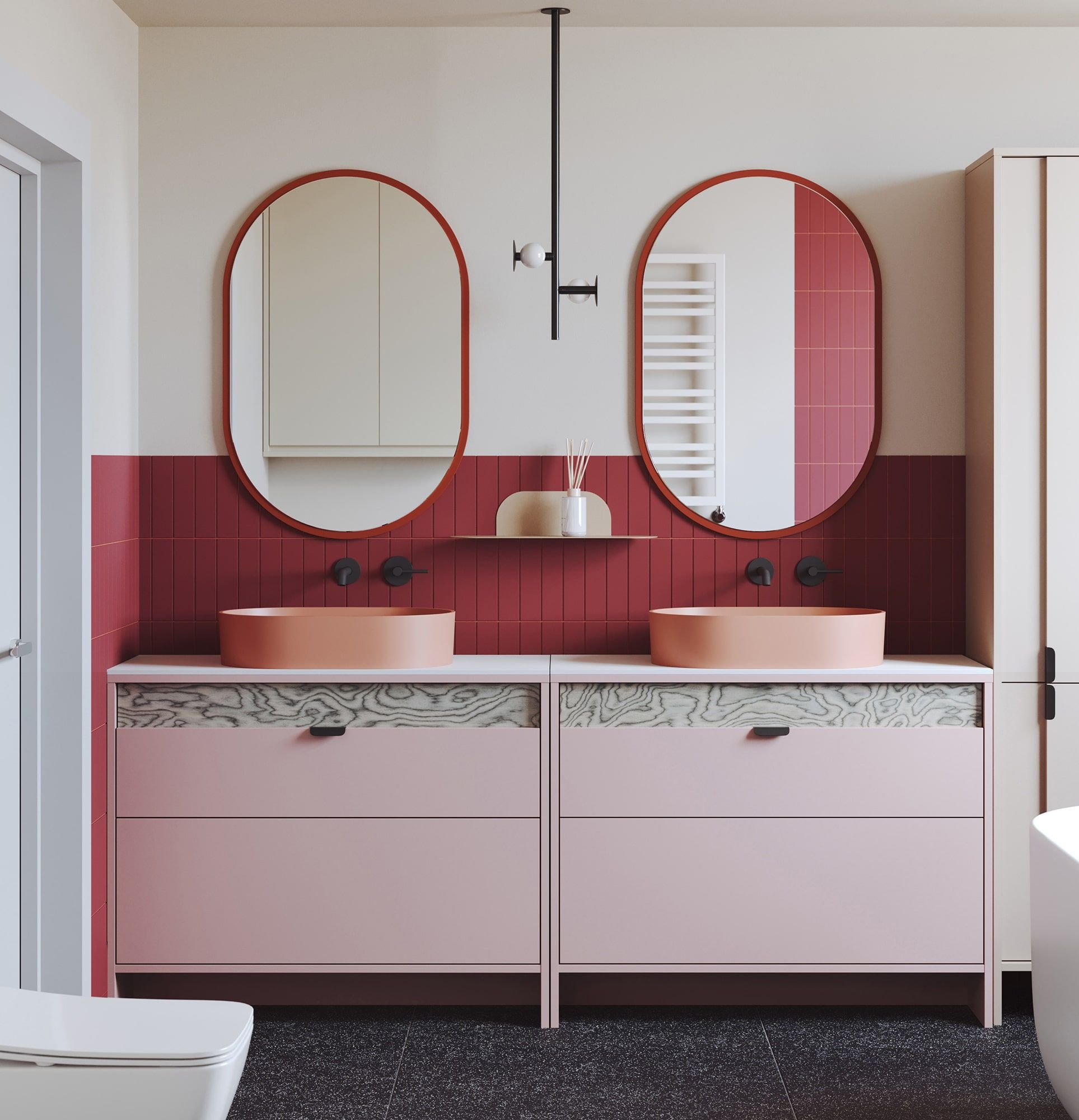 Dulap lavoar cu sertare LAYERS LAY65
Culoare: Antique Rose
Culoarea frontală a celui de-al doilea strat: furnir gri Sottsass
Mâner: LAYERS 110 Black Onyx
Lavoar: OVO M+ Coral OMNIRES
Blat de lucru: White Crystal Sinter