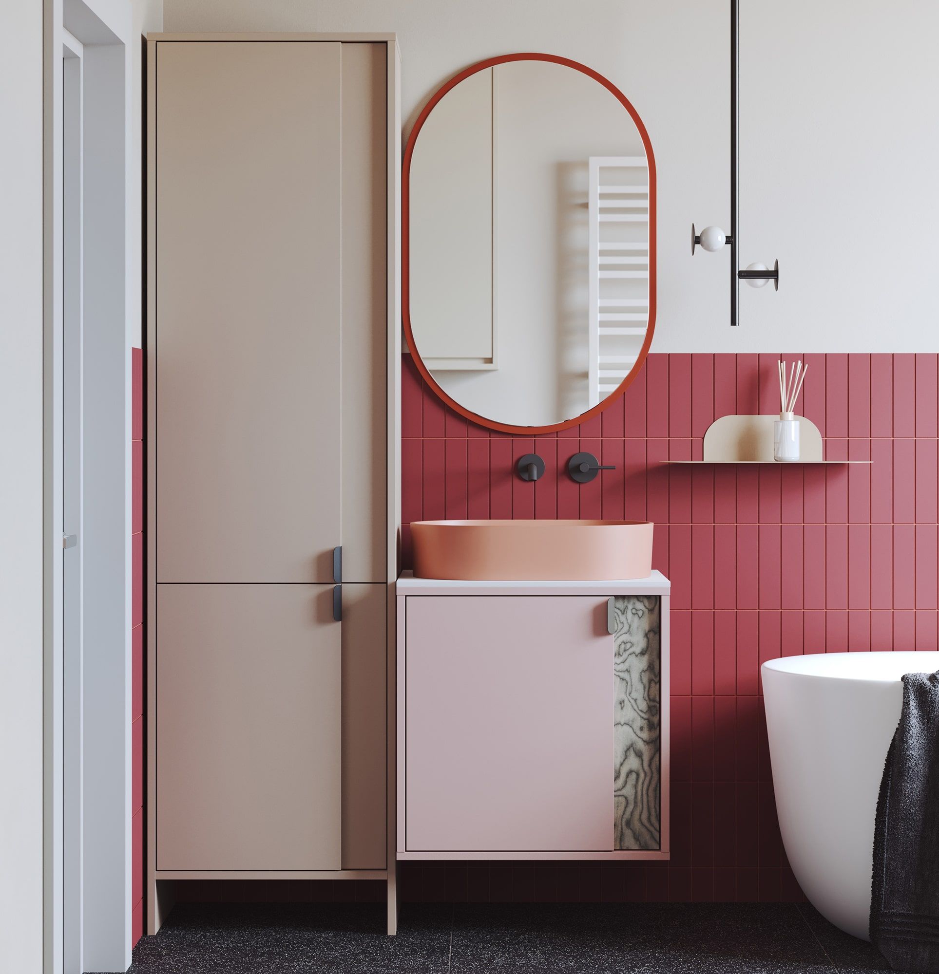 Dulap lavoar LAYERS suspendat LAY66
Culoare: Antique Rose
Culoarea celui de-al doilea strat al feței: Sottsass Grey Veneer
Mâner: Mâner LAYERS 110 Deep Basalt
Lavoar: OVO M+ Coral OMNIRES
Blat de lucru: White Crystal Sinter