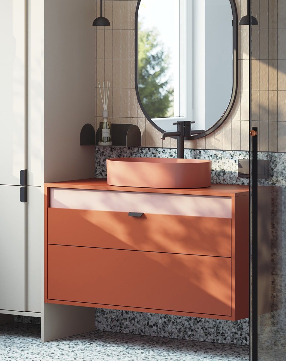 Dulap lavoar cu sertare LAYERS LAY67
Culoare: Fiery Terracotta
Culoare față: Antique Rose
Mâner: LAYERS 110 Negru
Bazin: OVO M+ Coral OMNIRES
Robinet: Tall Y Negru OMNIRES