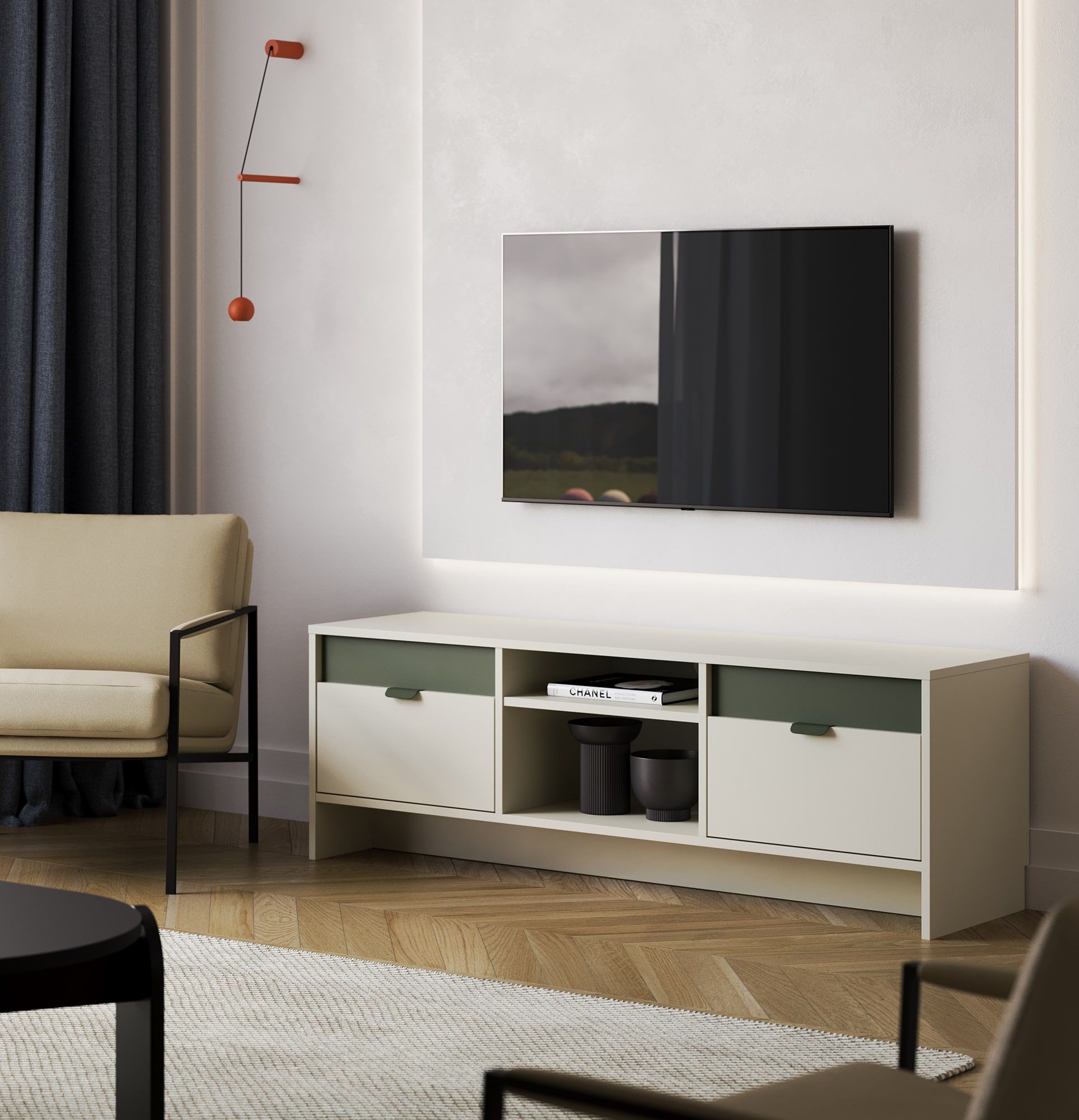 LAYERS RTV Cabinet LAY03
Culoare: Calea Lactee
Culoarea celui de-al doilea strat frontal: Cypress green
Mâner: Mâner LAYERS 110 verde cypress